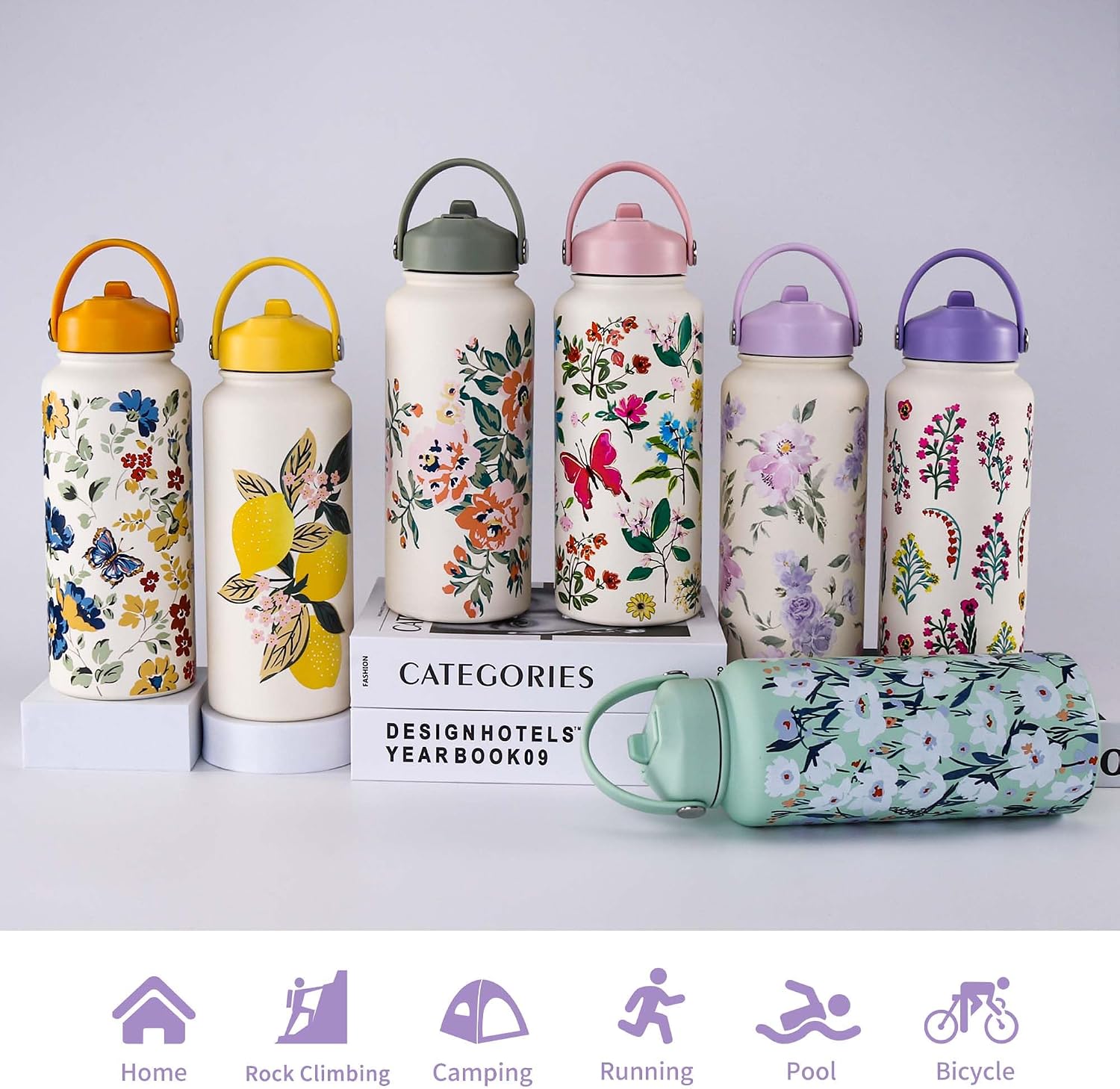 Goetland Flowers Water Bottle Beverage Bottle with Straw Lid 32 oz Stainless Steel Wide Mouth Vacuum Insulated Cute UV Printing Leak Proof For Women Girls Kids Mauve