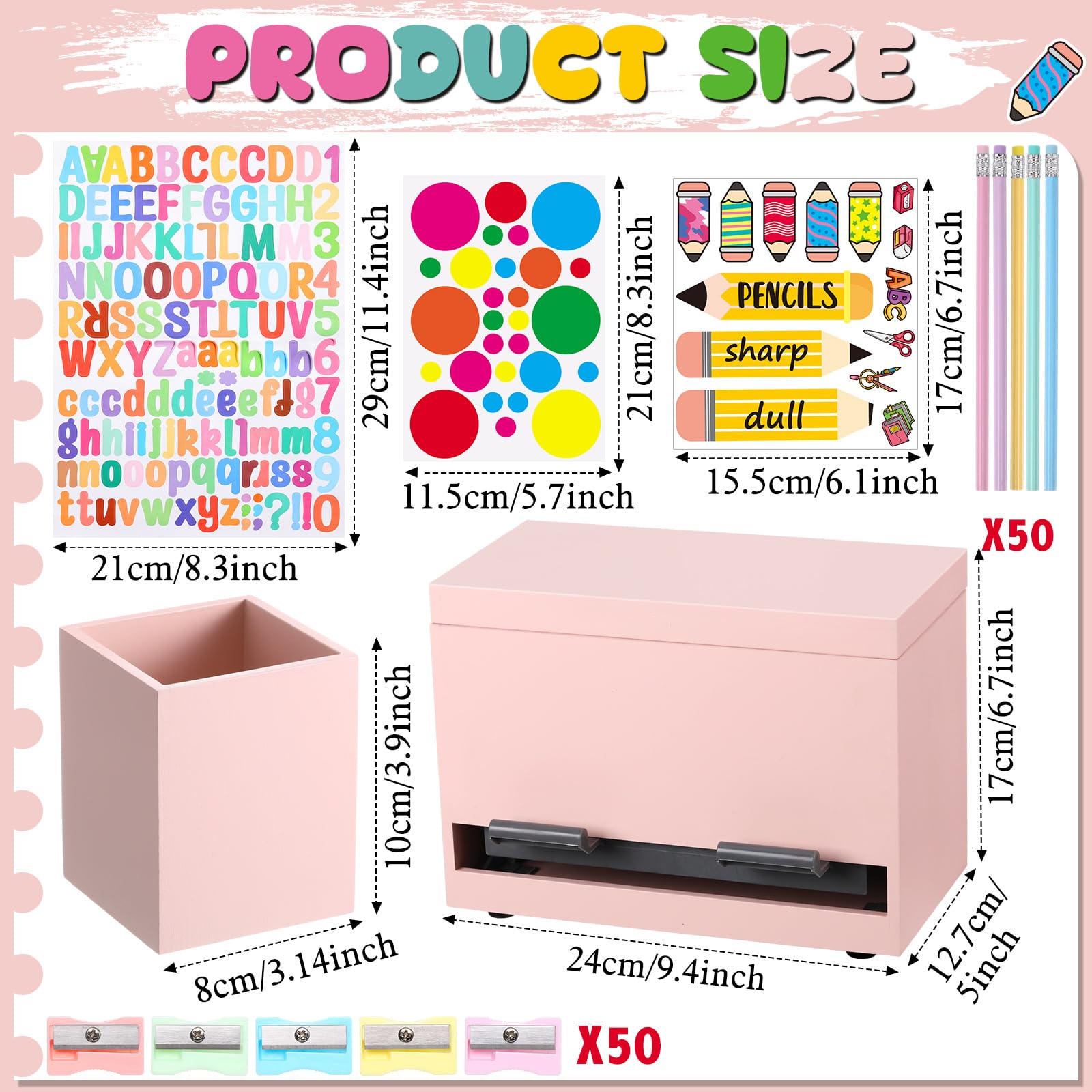 Watersay 107-teiliges Holz-Bleistiftspender-Set für Klassenzimmer, scharfer und stumpfer Stifthalter, 50 Bleistifte, 50 Spitzer, 5 Aufkleber, Klassenzimmer, Lehrer, Muss für Schulanfang (Hellrosa)
