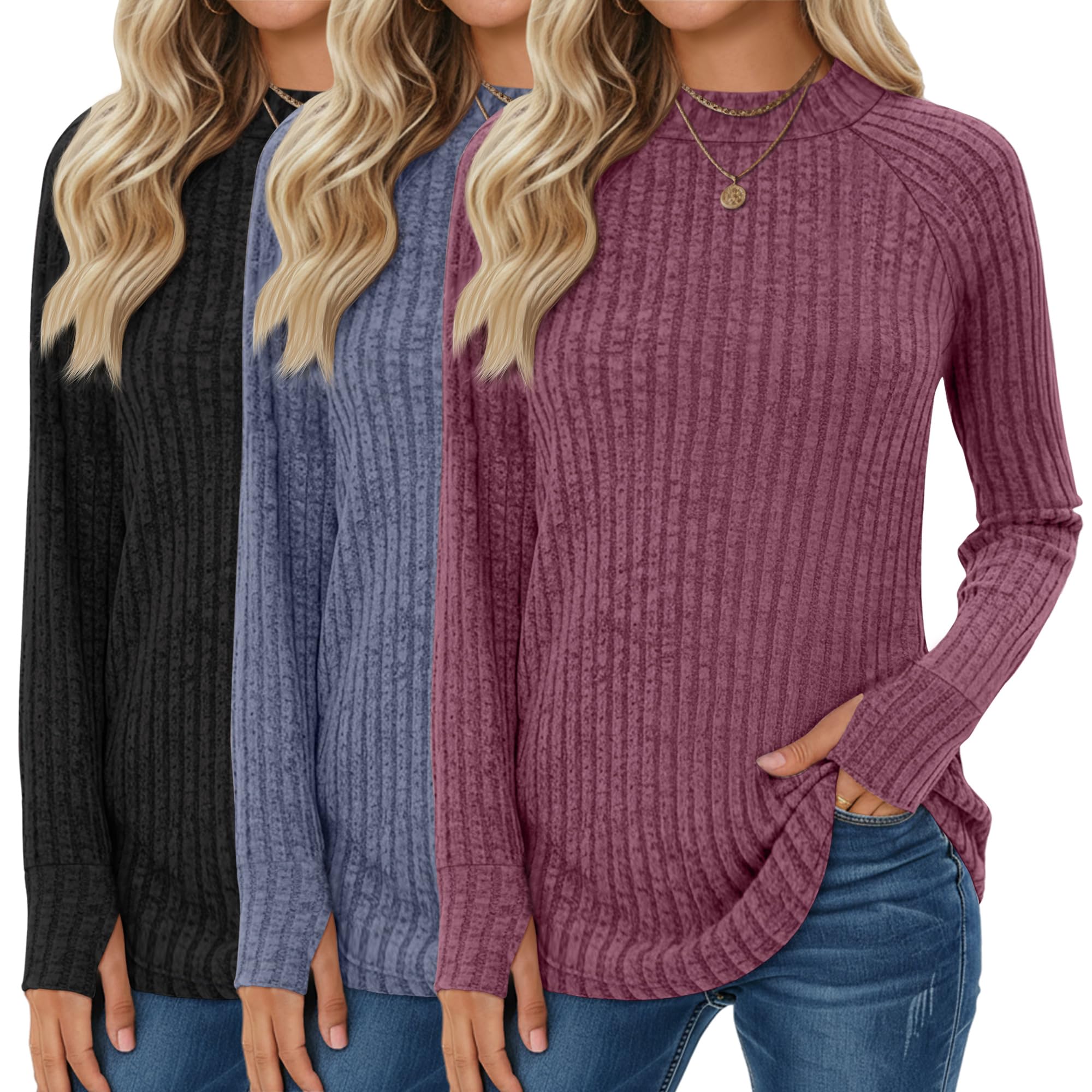 3 Pack Womens Sweater Long Sleeve Shirts Mock Turtleneck Tunic Tops Thumbhole Ribbed Curved Hem Loose Fall Clothes
