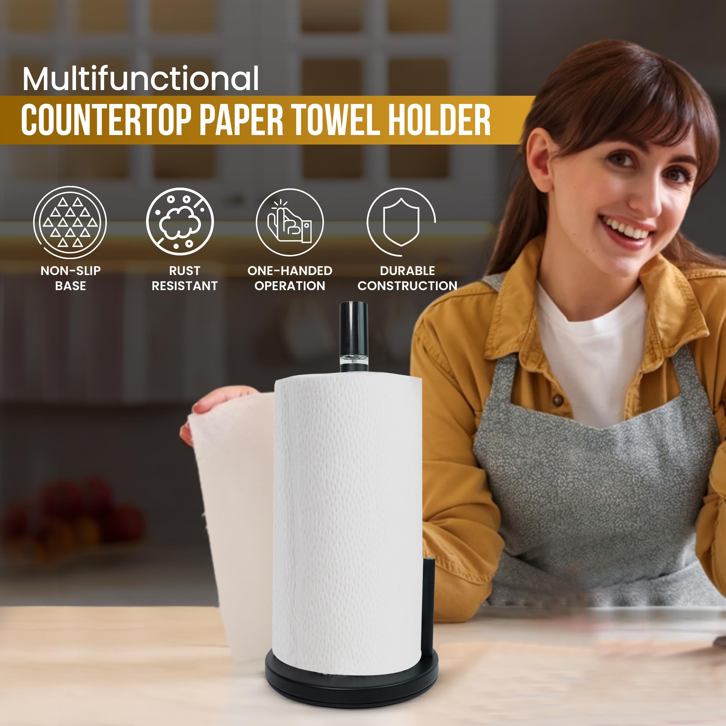 Atractivo soporte para toallas de papel 2 en 1 con botella de spray, soporte para toallas de papel negro mate para encimera y botella de spray, soporte de rollo de papel de pie para cocina y 6