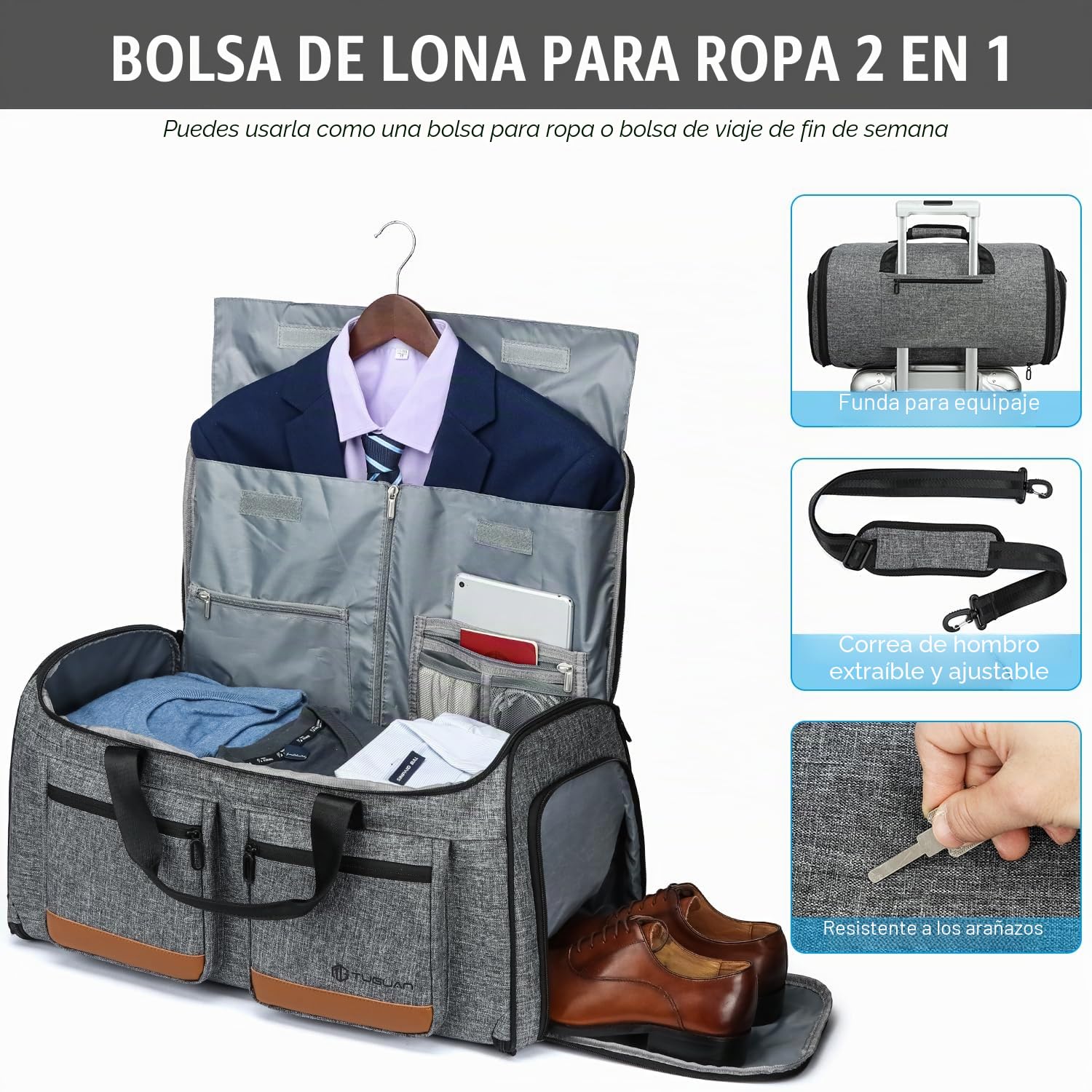 TUGUAN Bolsa Portatrajes Hombre Bolsa de Viaje para Ropa, 3 en 1, Convertible Equipaje de Mano Bolsa de Ropa para con Compartimentos para Zapatos y Mochila Función Escapadas Viajes de Negocios, Gris