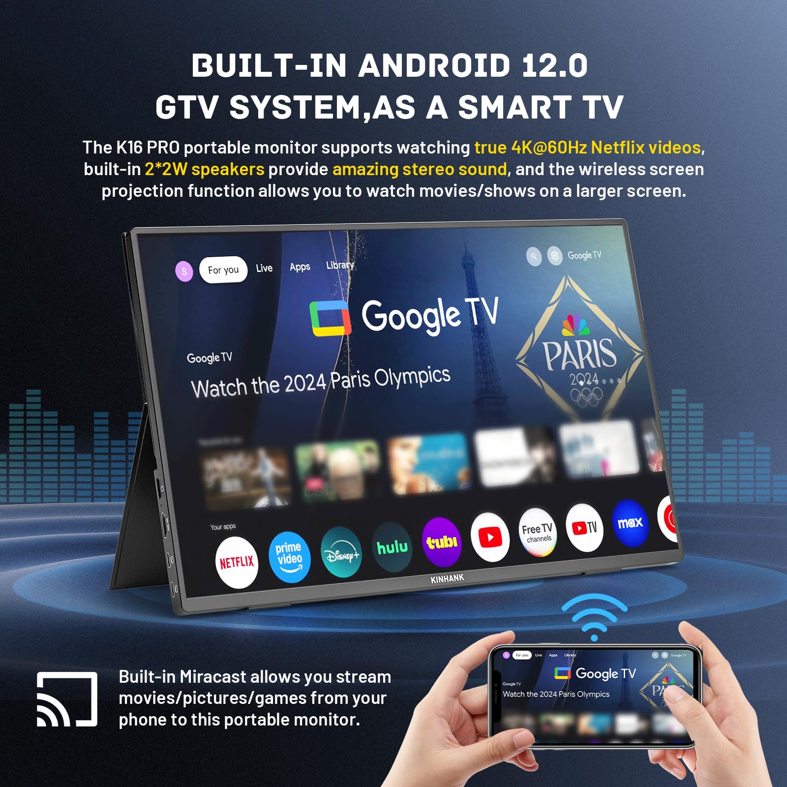 Amazon.com: Kinhank 2.5K 144Hz Portable Monitor 16'', Android TV