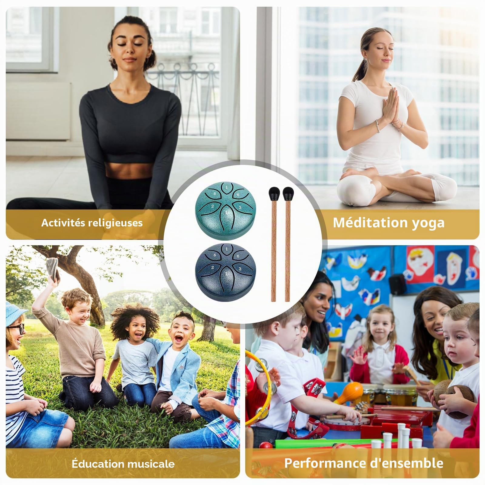 Lot de 2 mini tambours à langue en acier - 6 tons - 6 tons - Avec maillets - Pour concert, méditation, yoga, guérison par le son - Pour adultes