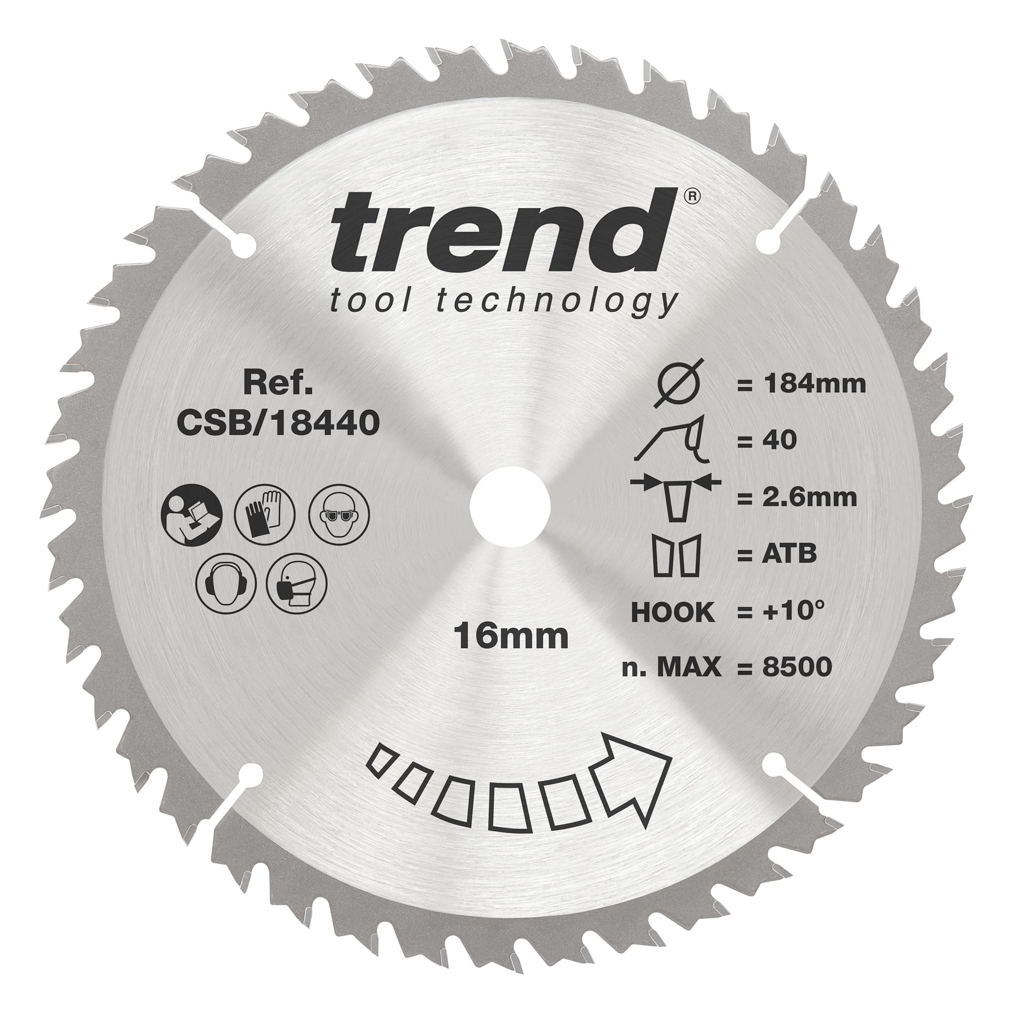 Wood Circular Saw Blade, 184mm Diameter, 16mm Bore, 40 Teeth, 2.6mm Kerf, +10° Hook, TCT, Fine Finish, CSB/18440