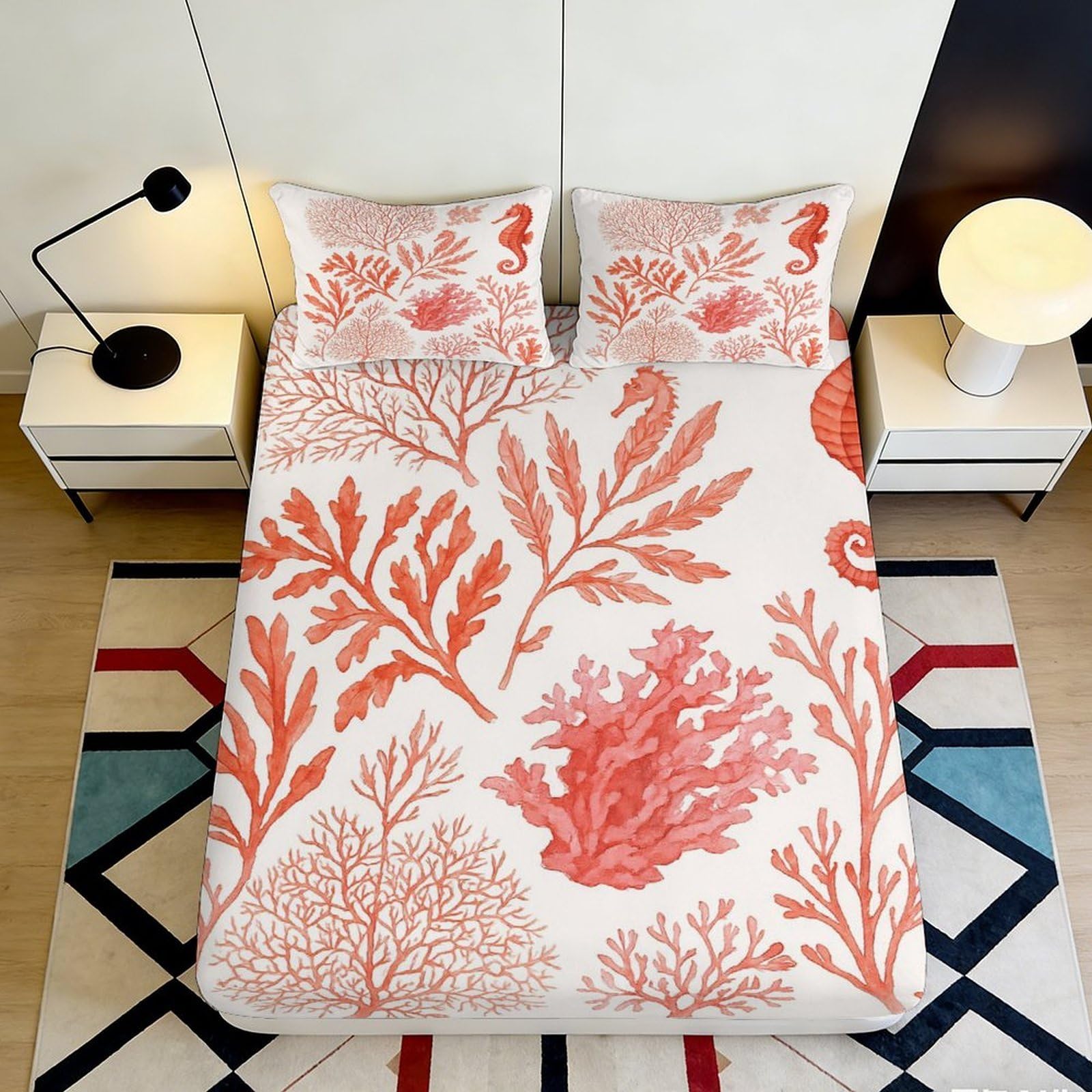 Kzqnxhjprl Style-8 3D Printed Coral Reef Fitted Sheet Microfiber Orange Seaweed Mattress Cover For Bedroom Guest Room Decor 90X200x25cm