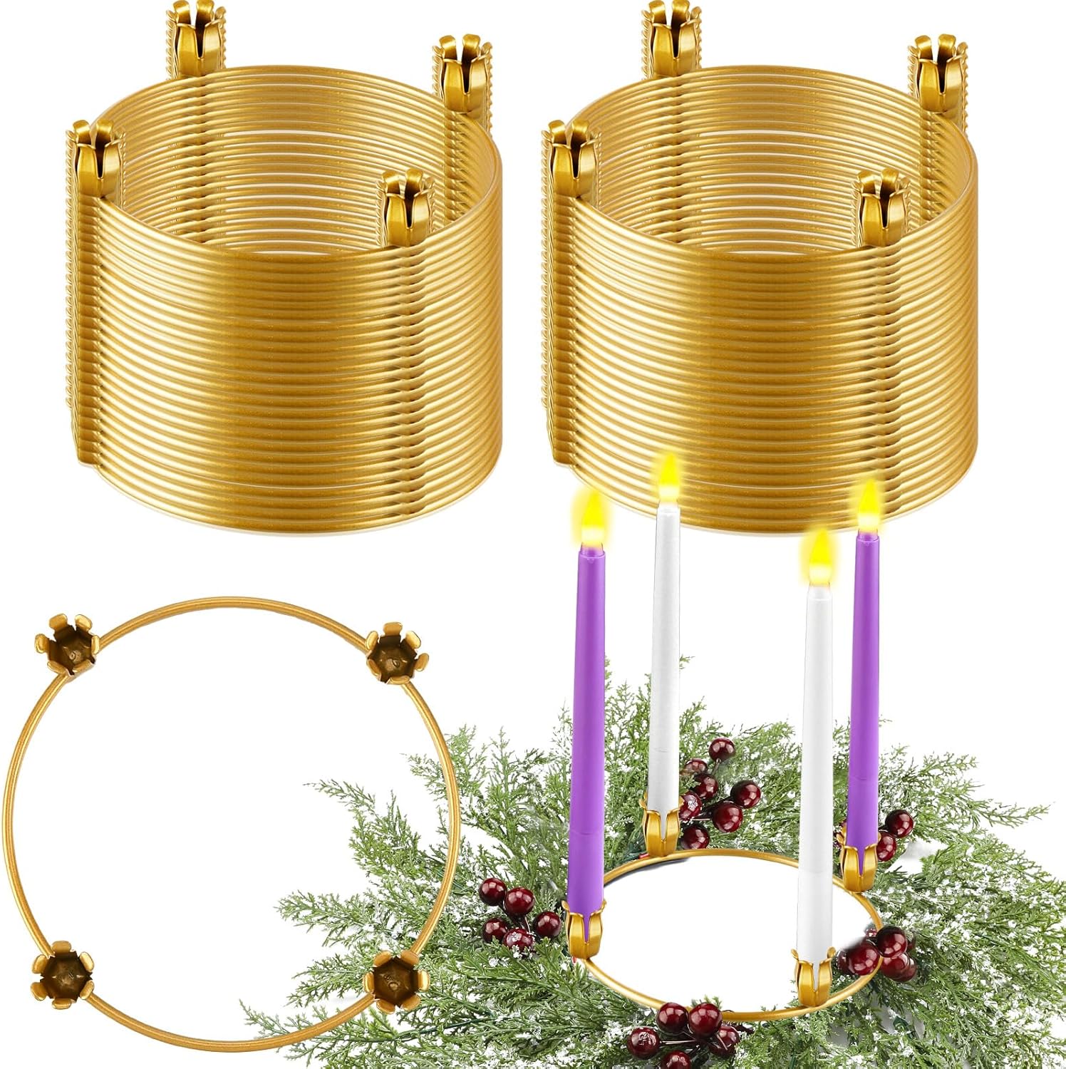 Thyle 50 Pcs Metal Christmas Advent Wreath Rings Bulk Gold Advent Wreath Candle Holder Xmas DIY Taper Candle Rings Table Candelabra Holder for Church Supply Home Table Centerpiece Festival Decoration