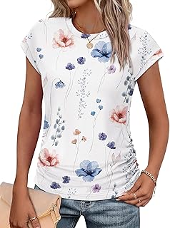 Womens Summer Tops Trendy 2025 Ruched Cap Short Sleeve Tshirts Shirts Crew Neck T Shirts Fashion - Buy now