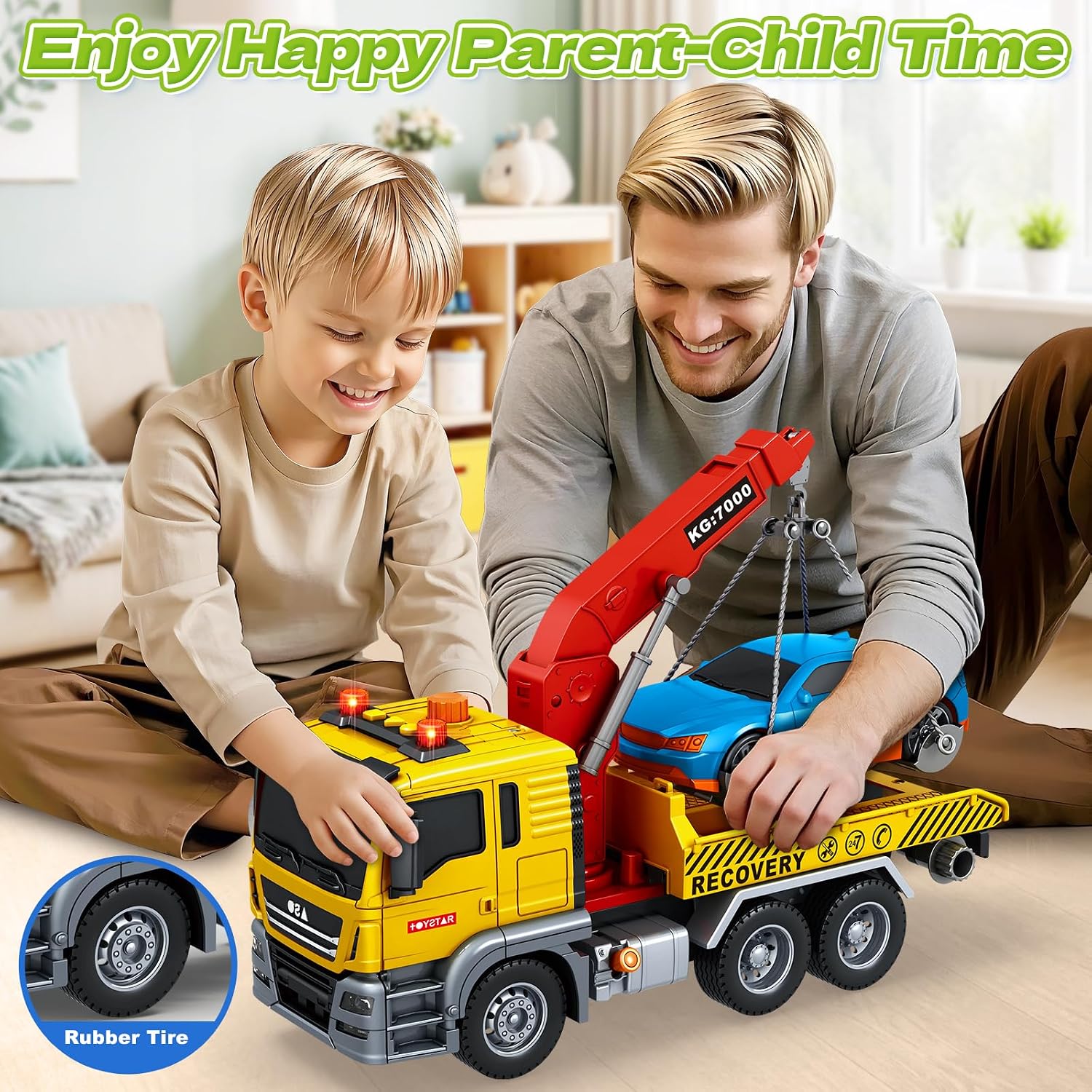 Bstoyder Kids Toys for 3 4 5 6 7 Years Old Boys, Large Tow Truck Toy, Friction Powered Transport Truck Crane Vehicle Toy with Lights and Sounds, Racing Car, Birthday Gifts for Boys Girls image 5