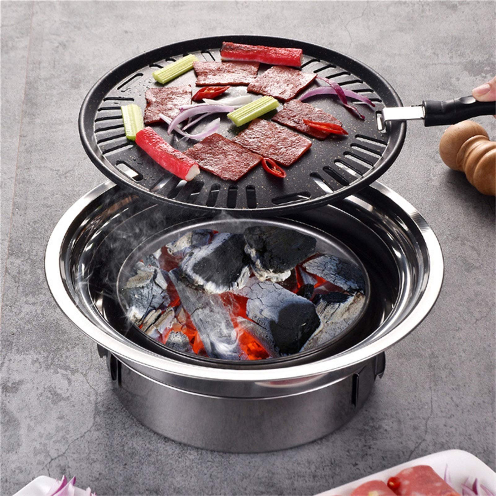 Grill okrągły ze stali nierdzewnej Koreański grill na węgiel drzewny Nieprzywierające grille Przenośny grill węglowy na zewnątrz Camping Grill na zewnątrz grill (kolor: z piecem tacowym)