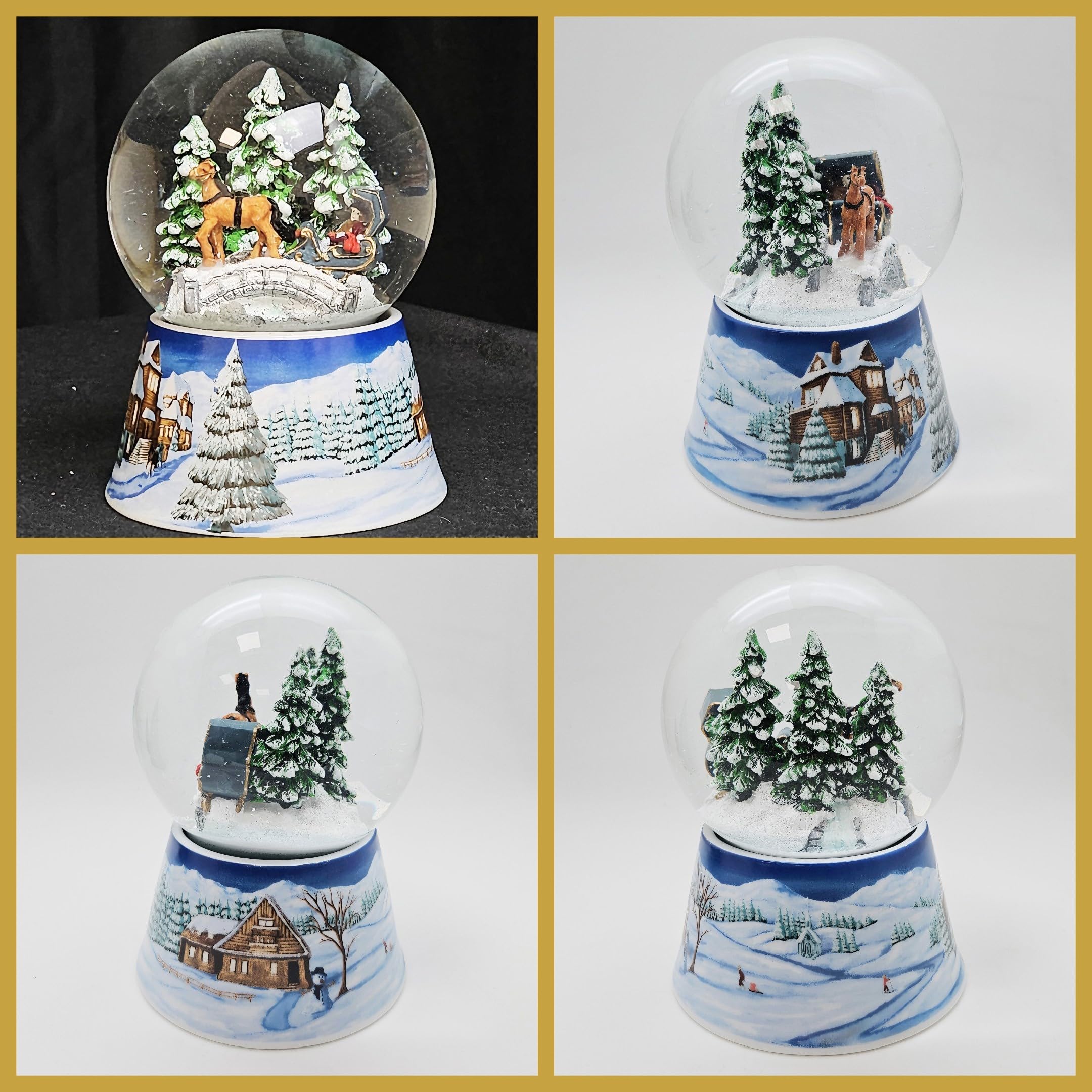 Schneekugel Weihnachten Spieluhr | Kutsche über Brücke | Sockel Winterlandschaft Mittelblau | Höhe: 140mm Breite: 100mm | Weihnachtsdekoration | 20291
