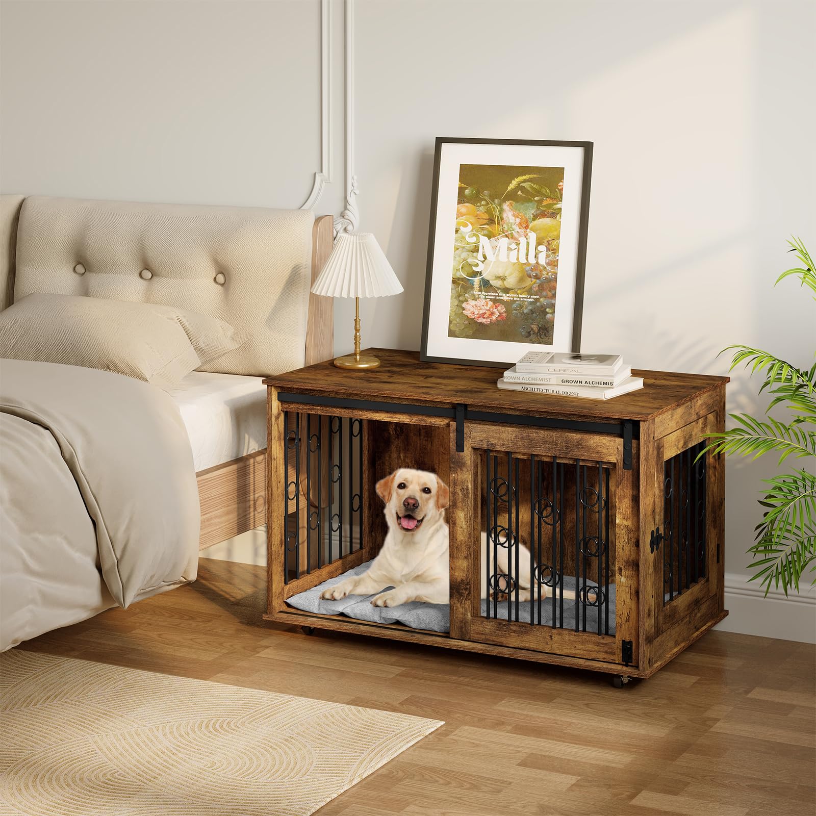 EUGAD Hundekäfig Möbel, Hundebox für Zuhause mit 2 Tür 5 Rädern, Hundebox Holz Kleine/Mittlere Hunde bis zu 60kg, Hundekäfig für Zuhause Dekorative Hundeschrank Vintagebraun 100x56x58cm