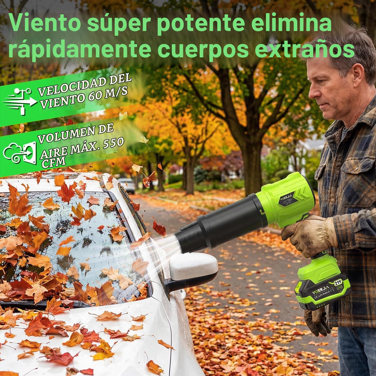 VOERJIA Soplador de hojas con batería de 21 V con 2 baterías de 4000 mAh y cargador, soplador de mano ligero y limpiador de polvo, 3 niveles de regulación continua, boquilla dual para jardín, terraza
