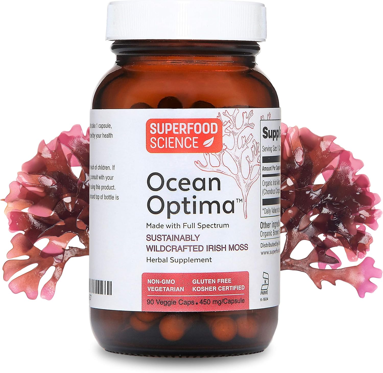 Ocean Optima Organic Sea Moss Capsules (Chondrus crispus) for Skin, Nail, Hair, and Gut, Naturally Occurring Kosher Iodine for Thyroid Support, Single-Ingredient Wild Irish Seamoss, Vegan, 90 Servings