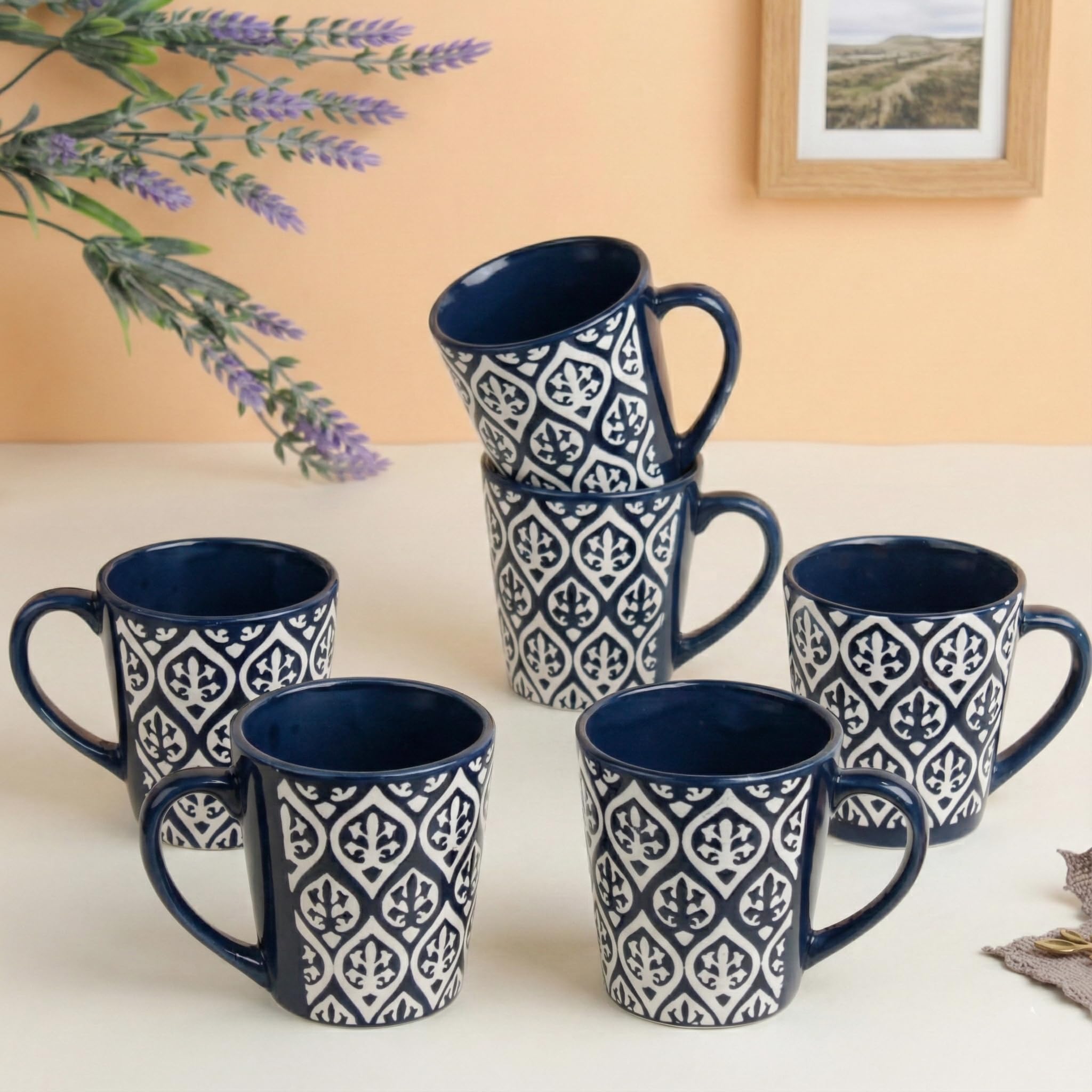 - The Earth Store Blue Leaf Ceramic Coffee Mug Set of 6, 200ml Microwave & Dishwasher Safe Tea/Milk Mug, Ideal for Home, Office, Gifting and Daily Use