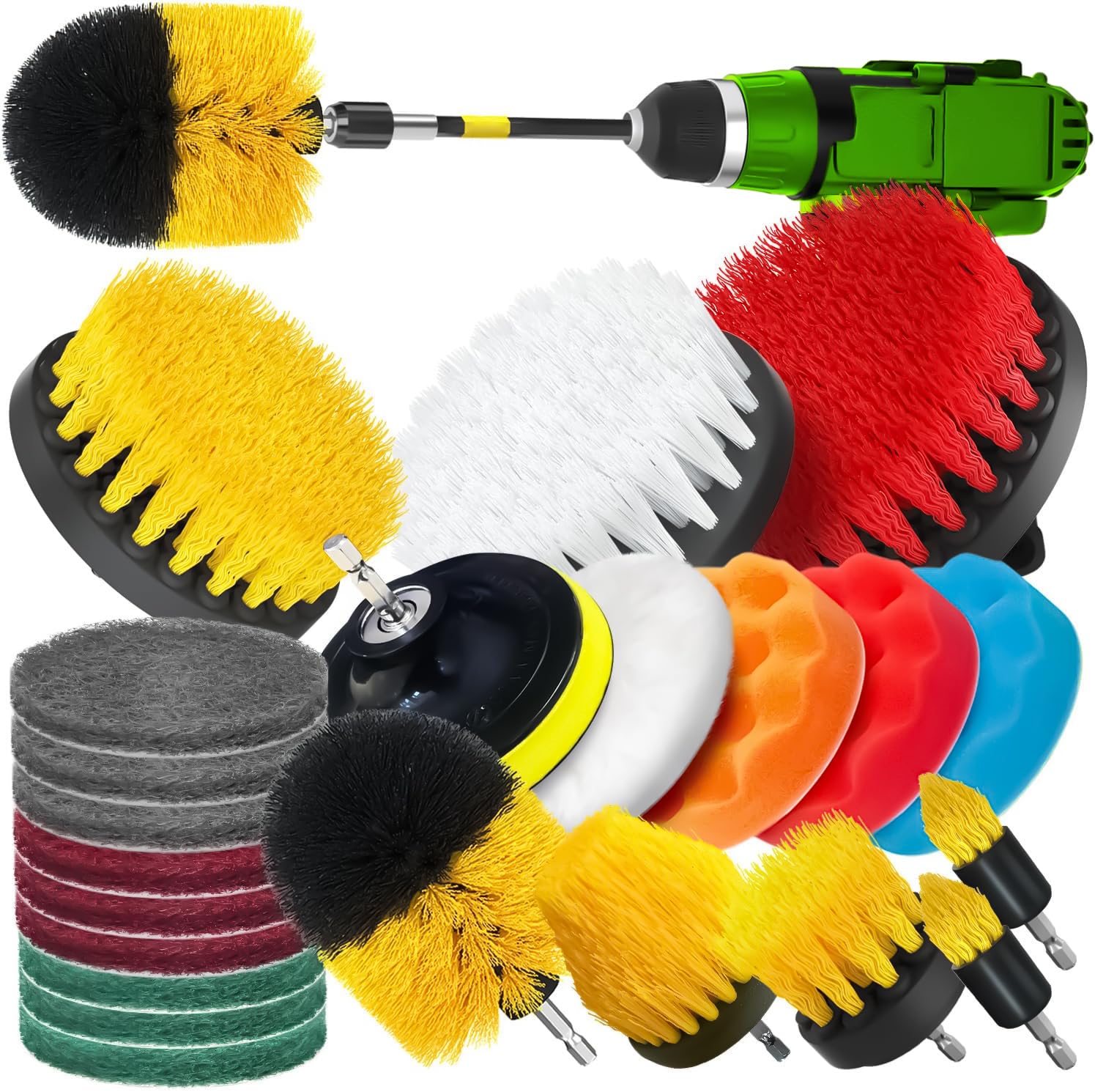 Drill Brush Attachments Set, Power Scrubber Brush with Extend Long Attachment Car Polishing Pad Kit, Cleaning Supplies Scratch Brushes, All Purpose Clean Avalible in (11, 23, 30 Pieces) (11 Pcs)