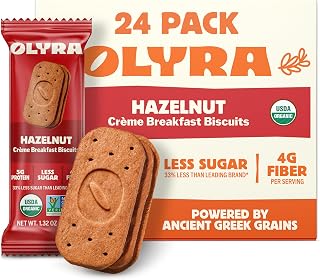 Olyra Hazelnut Cocoa Sandwich Breakfast Biscuits - Organic Vegan Low Sugar High Fiber Snacks with Ancient Greek Grains, 24 Packs