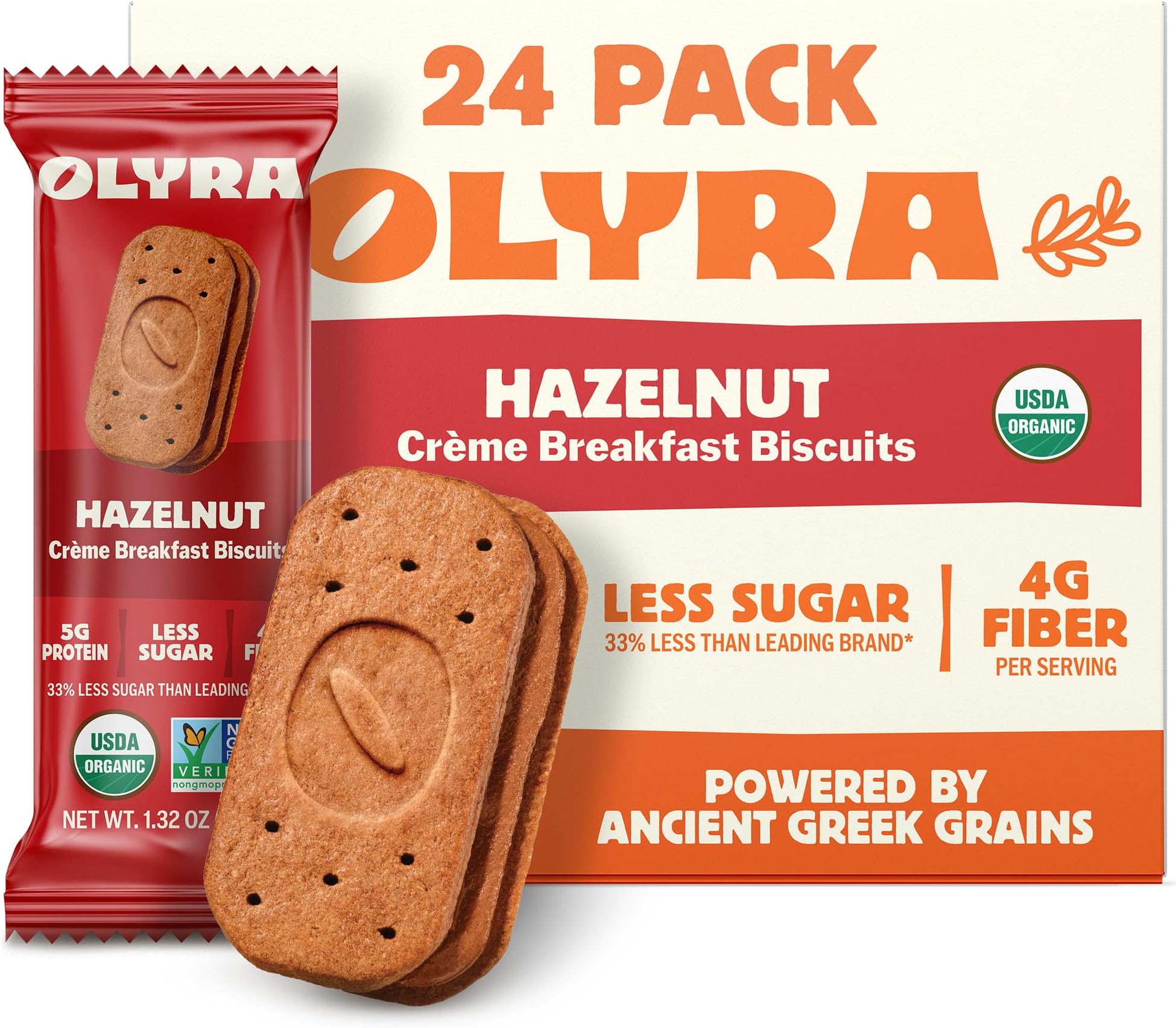 Hazelnut Cocoa Sandwich Breakfast Biscuits, Healthy Snacks for Adults and Kids, Low Sugar, High Fiber, Organic Vegan Cookies, with Ancient Greek Grains, USDA Certified Organic, Non GMO, 24 Packs