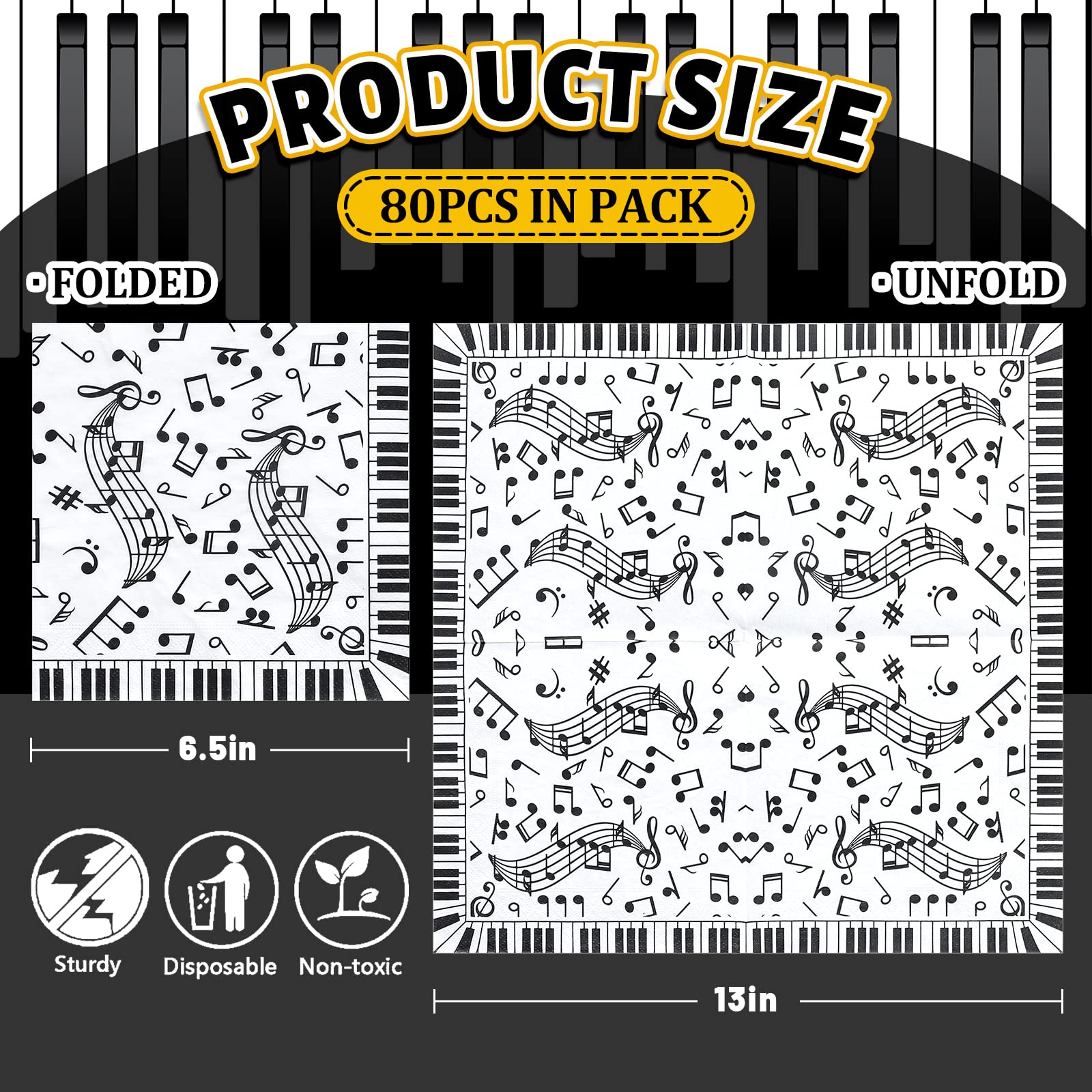 Whaline 80 Pcs Music Notes Paper Napkins 6.5 x 6.5 Inch Musical Notation Disposable Luncheon Napkin Black White Piano Keys Prints Lunch Napkin for Music Celebration Dinner Tableware Party Supplies