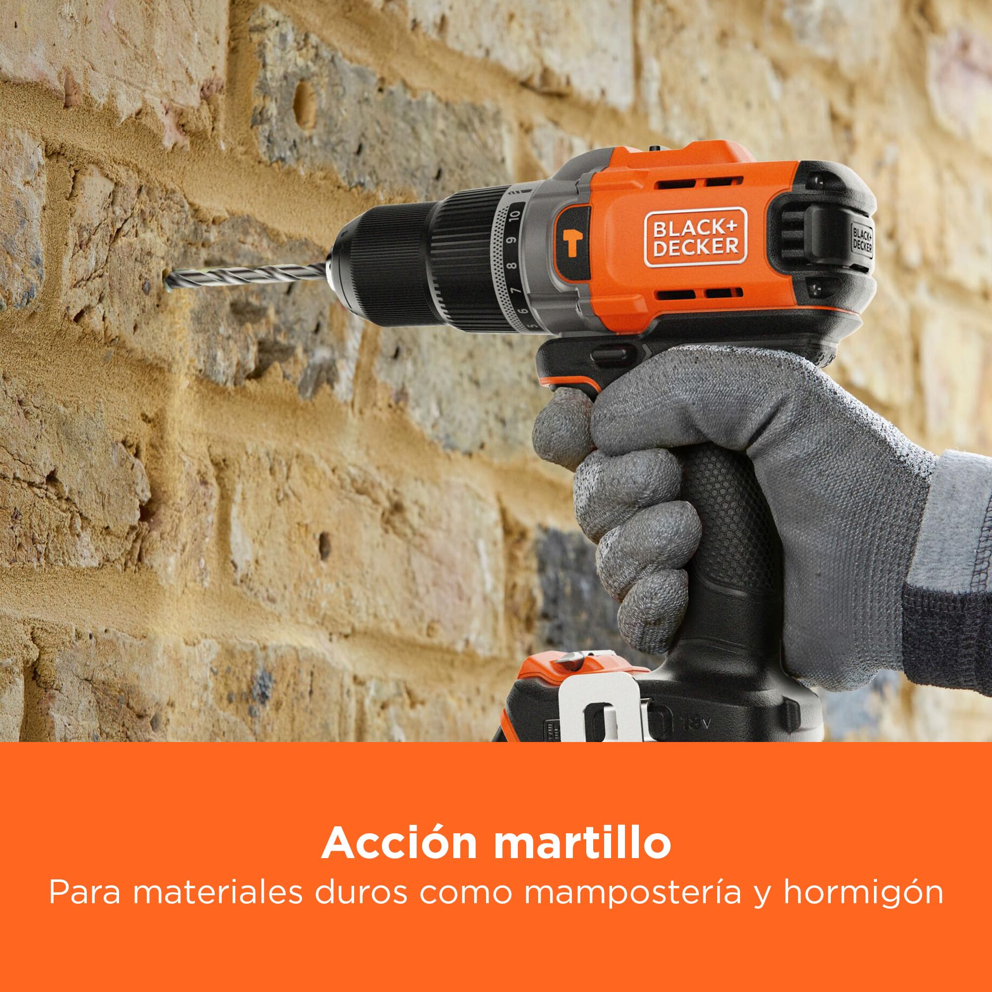 BLACK+DECKER Taladro percutor inalámbrico POWERCONNECT 18V, 45Nm de par, 2 velocidades, luz LED, portabrocas sin llave, sin batería ni cargador, BCD383XN-XJ