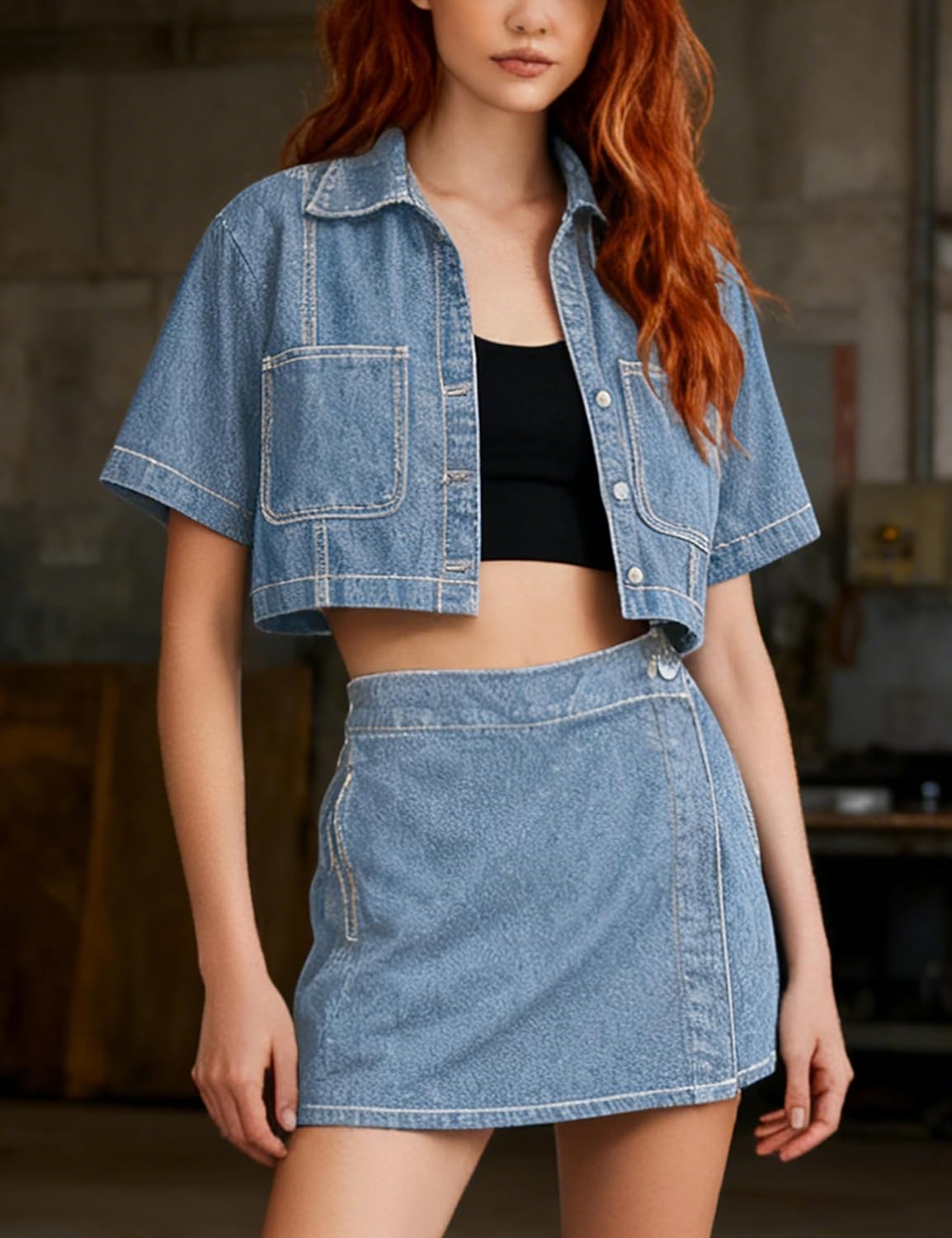 Women's Denim Top, Short Sleeve Cropped Denim Jacket Button Down Casual Jean Jacket Shirt with Pocket - Image 6
