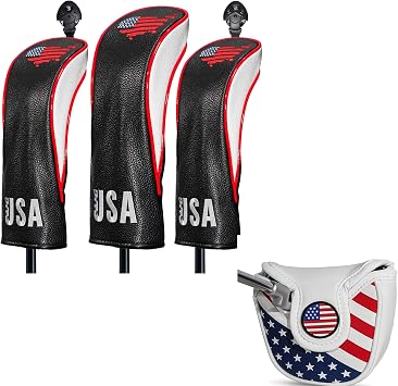 Golf Club Head Cover USA Golf Driver Headcover Driver Fairway Hybrid Woods Cover Leather Mallet Putter Blade Putter Gift for Men Women Golf Enthusiast for Taylormade Callaway Titleist PING MacGregor