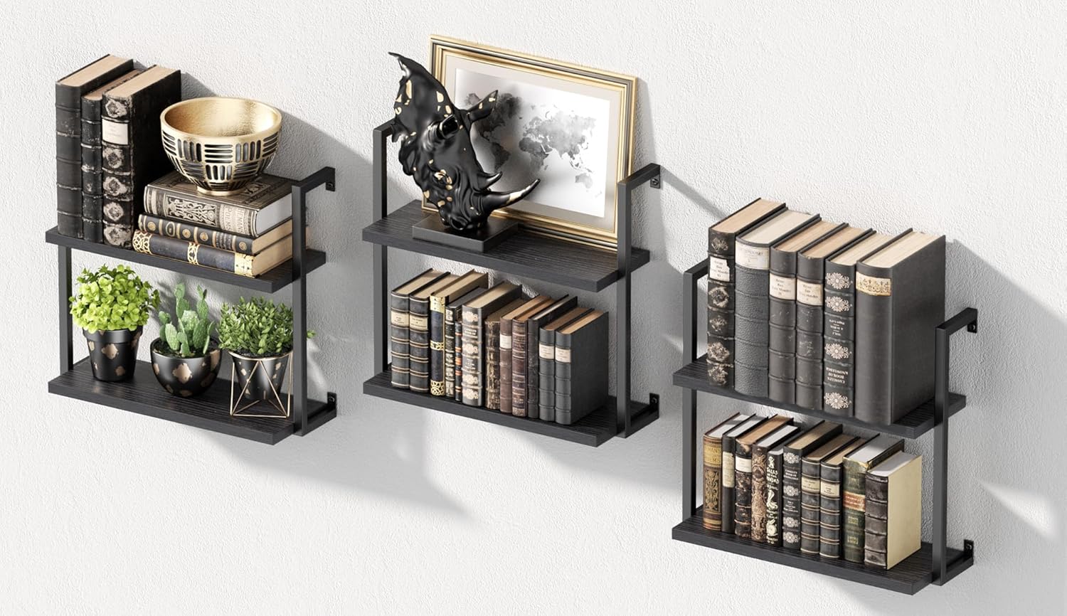 Wall Mounted Bookshelves Set of 3, Floating Shelves for Wall, 6-Tier Wooden Hanging Bookshelf, Easy Installation Book Organizer for Home Office, Living Room, and Bedroom