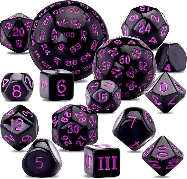 SIQUK 15 Pieces Complete Polyhedral Dice Set D3-D100 Game Dice Set with a Leather Drawstring Storage Bag for Role Playing Table Games, Black and Purple