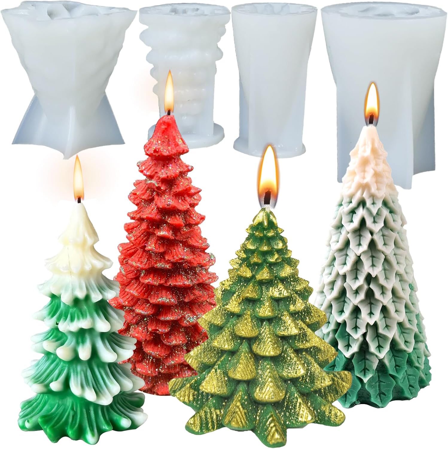 MEIXINZHI 4 Pcs Candle Mold, 3D Christmas Tree Silicone Candle Molds ...