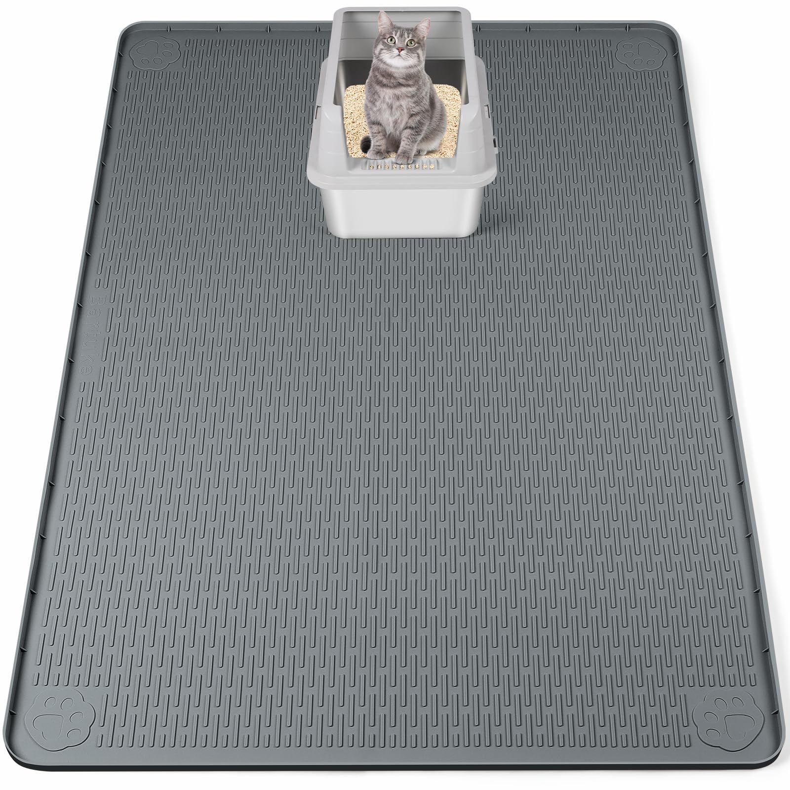 Bartuke XXL Katzenstreu-Matte, extra große 127 x 89cm Silikonmatte Katzenstreu-Fangmatte für Streukontrolle, weich für Katzenpfoten, leicht zu reinigen (Dunkelgrau)