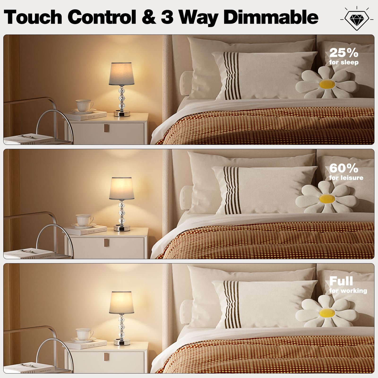 Lámparas para dormitorio, juego de 2 lámparas de mesa de cristal con puertos USB C+A y salida de CA para carga, 3 vías regulables al tacto, plateadas, lámpara de mesa auxiliar para sala de estar 4