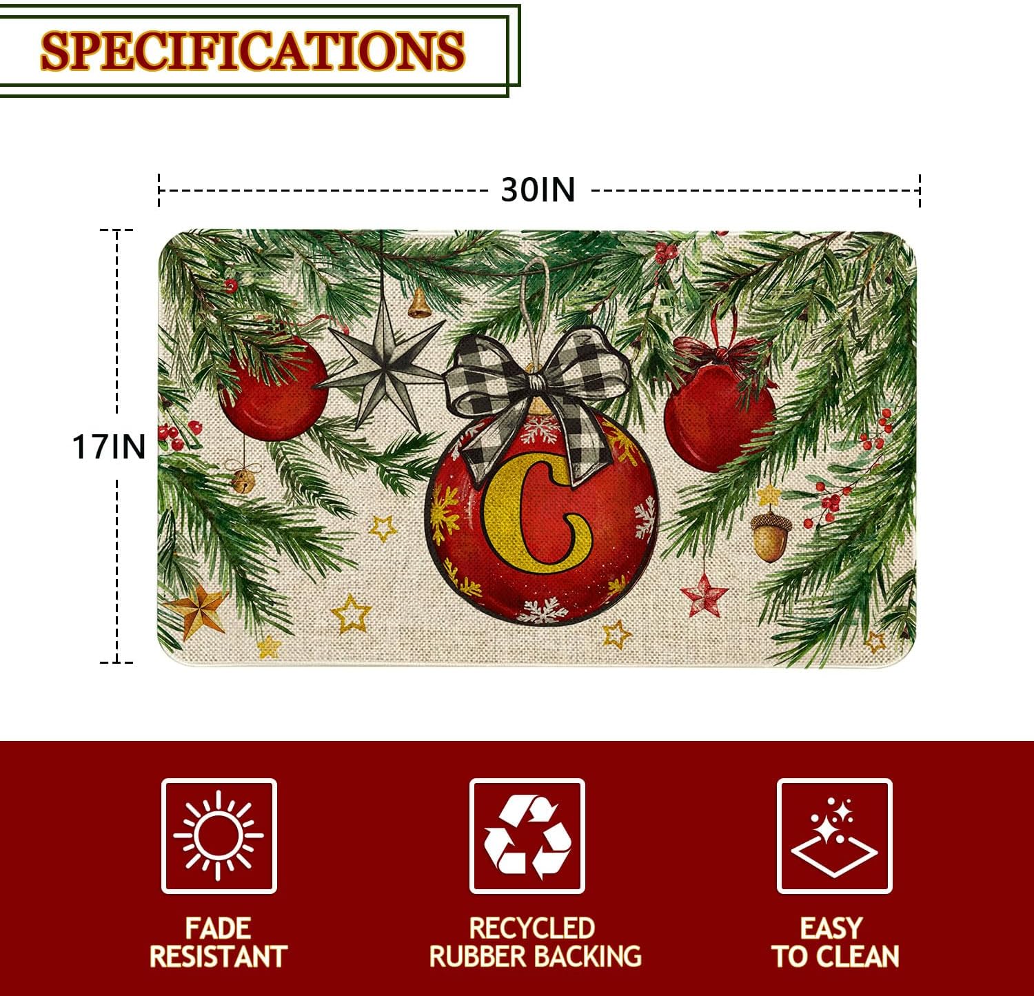 Roszwtit Merry Christmas Monogram Letter C Door Mat 30x17 Inch Family Last Name Initial Doormat Indoor Outdoor Floor Rug Non Slip Winter Holiday Xmas New Year Decor Rubber Welcome Mats