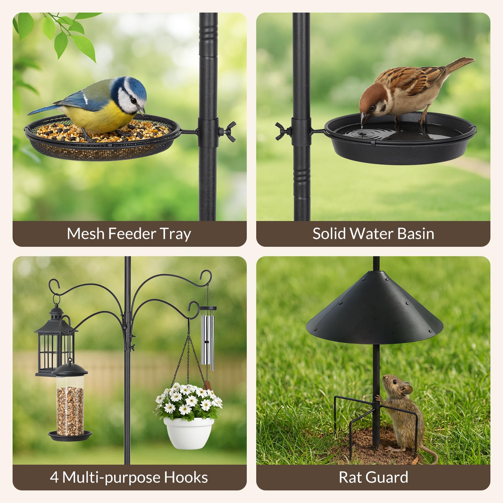 Todeco Crochet de Berger de Jardin, 233cm Crochet de Jardin Réglable en Métal, avec 4 Crochets, 2 Palettes, Garde-rat, Support de nichoir, Suspension Extérieur pour Lanterne, Lumineuse, Plantes