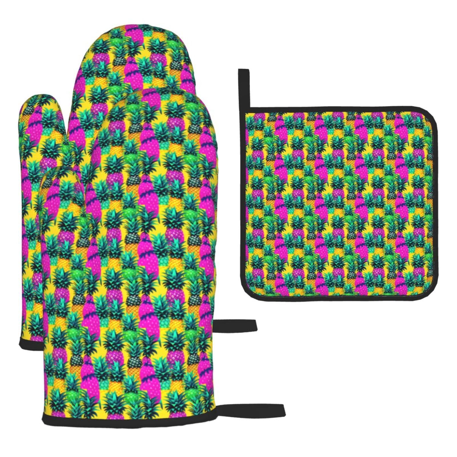 Colorful Pineapple Print Oven Mitts Kitchen Gloves Set Everyday Baking Grilling Microwaving Cooking Gift