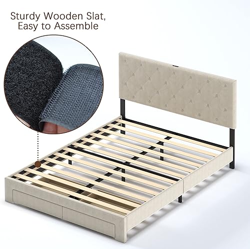 Miniatura 6 de NSdirect Base de cama tamaño Queen con cajón de almacenamiento, base de cama tapizada de terciopelo con 2 cajones de almacenamiento y estación de