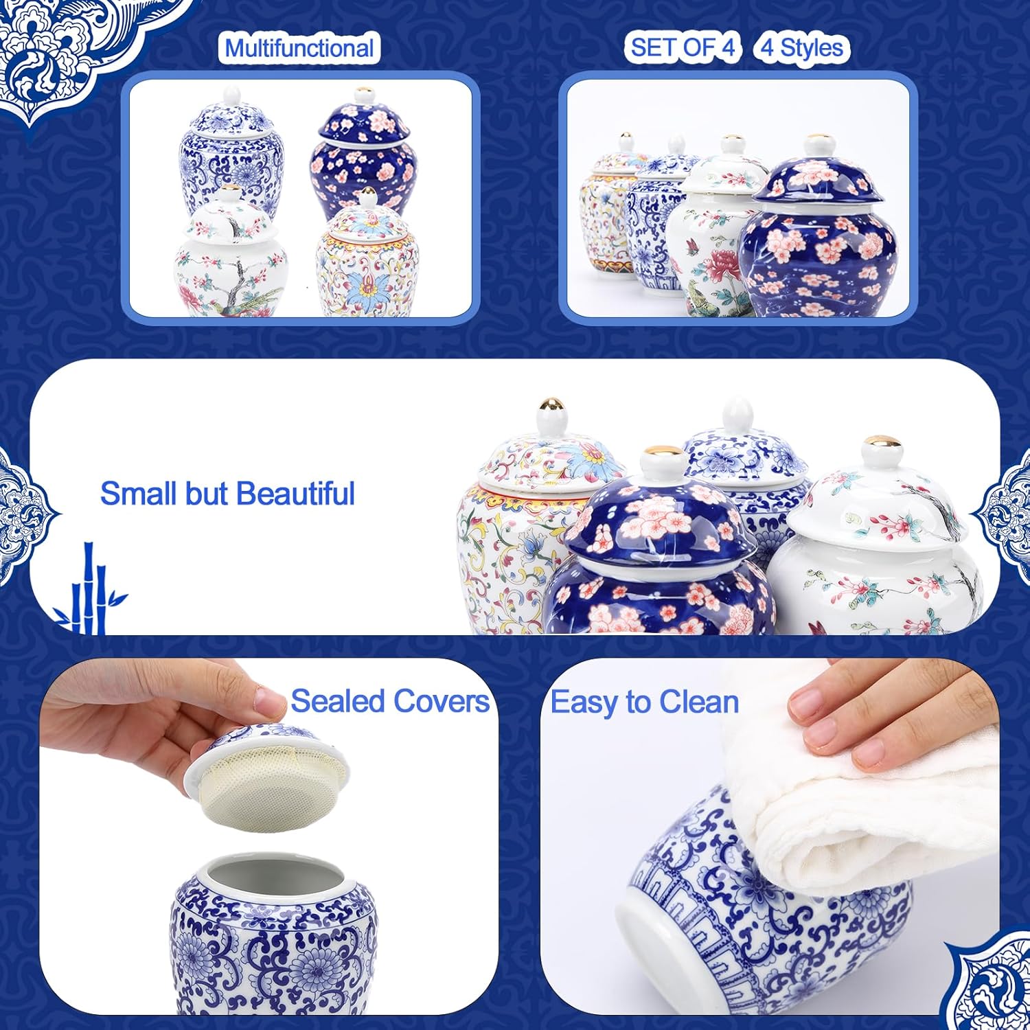 Set of 4 Small Blue and White Chinoiserie Porcelain Vases - Ginger Jars for Home Decor, Bedroom, Living Room, Console Table Top Decor - Table Accent Shelf (Vibrant)