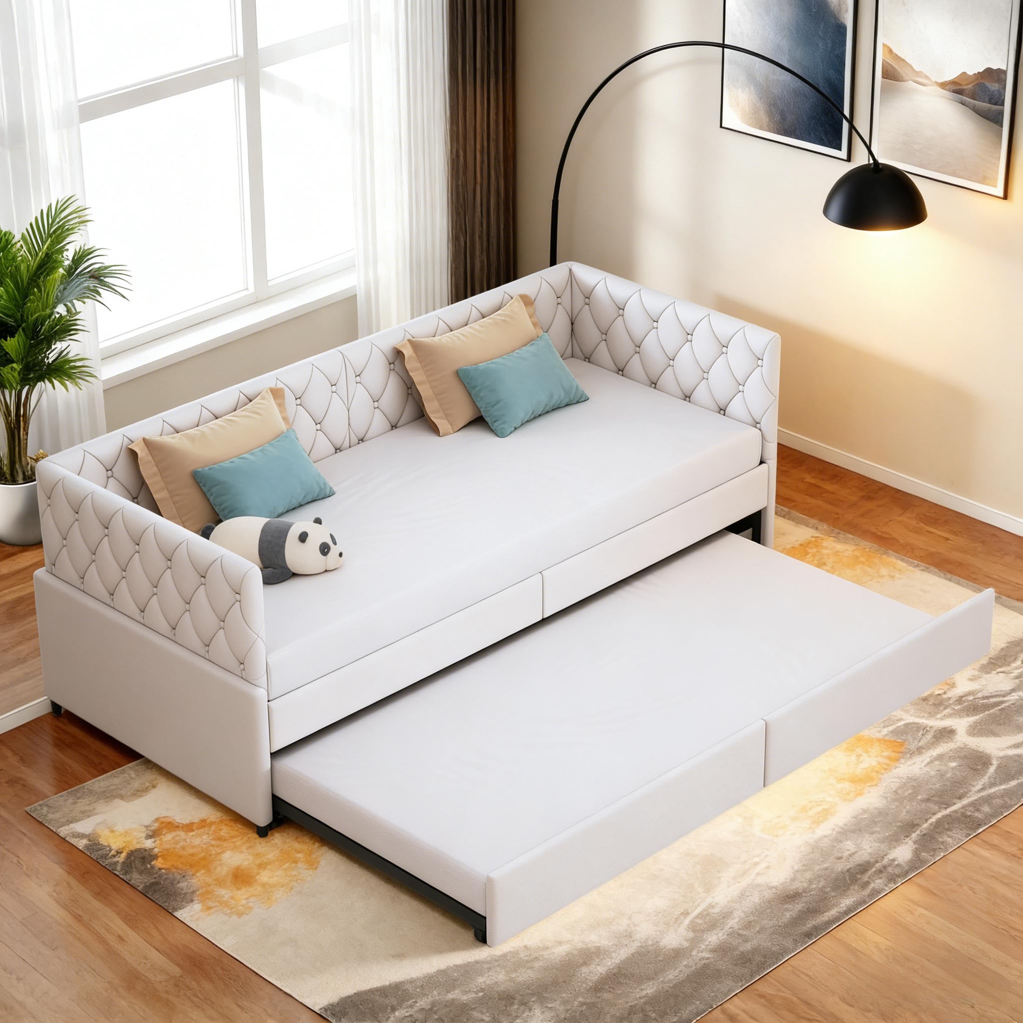 PerGar Schlafcouch Ausziehbar 90 x 200 cm mit Rollen, Einzelbett Kinderbett Schlafsofa mit Schlaffunktion, Ausziehbett Schlafsofa Jugendliche Gästebett mit Lattenrost, Samt, Beige