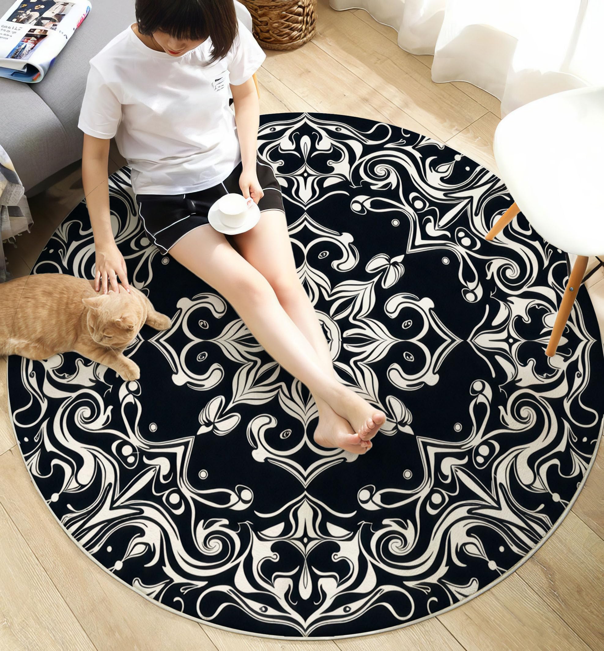 Paisley-Muster Kurzflor Teppich Rund 120cm Weicher Runder Teppich Mandala-Blumen Waschbar & Rutschfester Teppiche für Schlafzimmer, Gastzimmer, Esszimmer, Schwarz