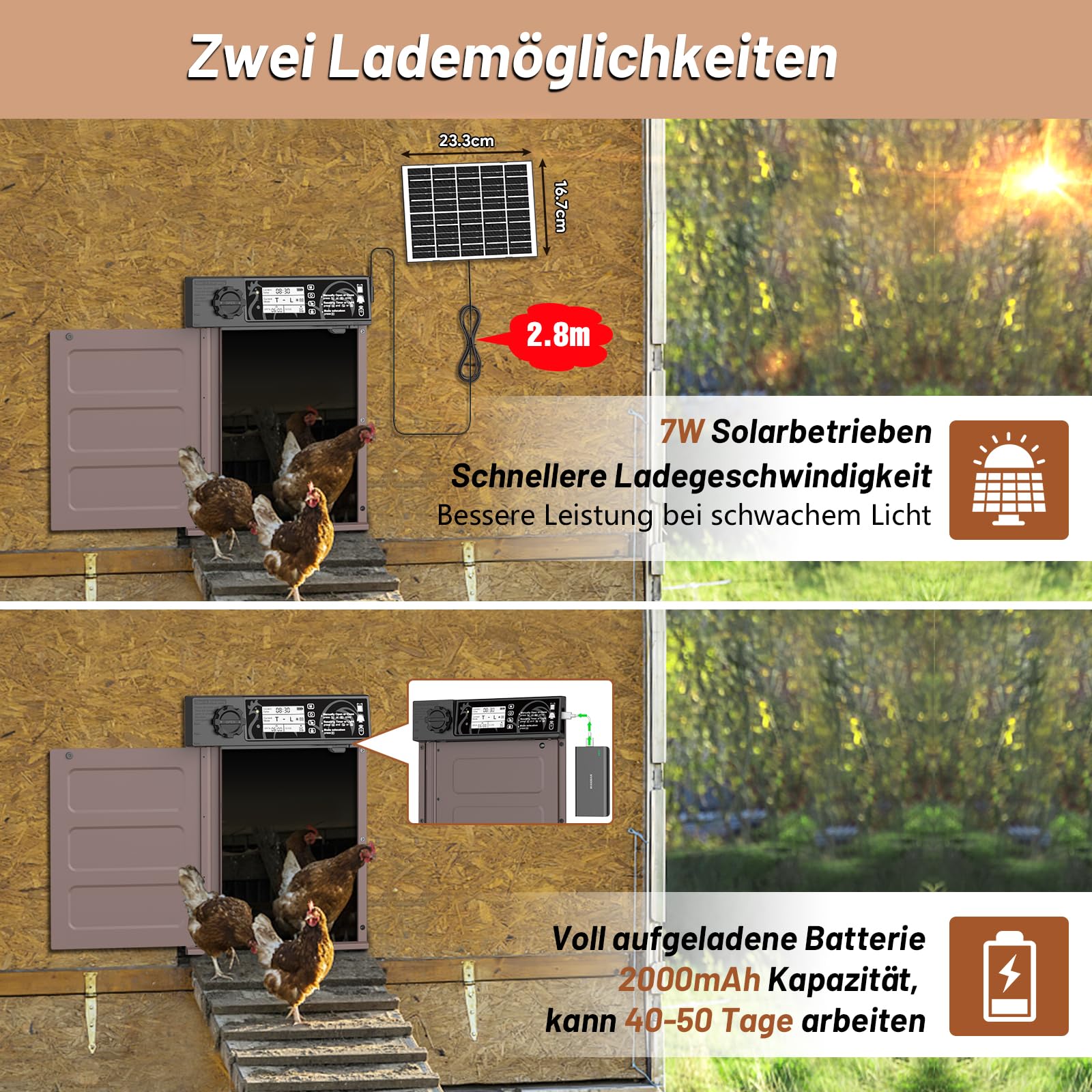 Große Größe Automatische Hühnerklappe Solar, Aluminum Hühnerklappe Automatisch Seitliche Öffnung, Elektrische Hühnertür mit 7W Solarpanel, LED Display, Lichtsensor, Timer, Fernbedienung