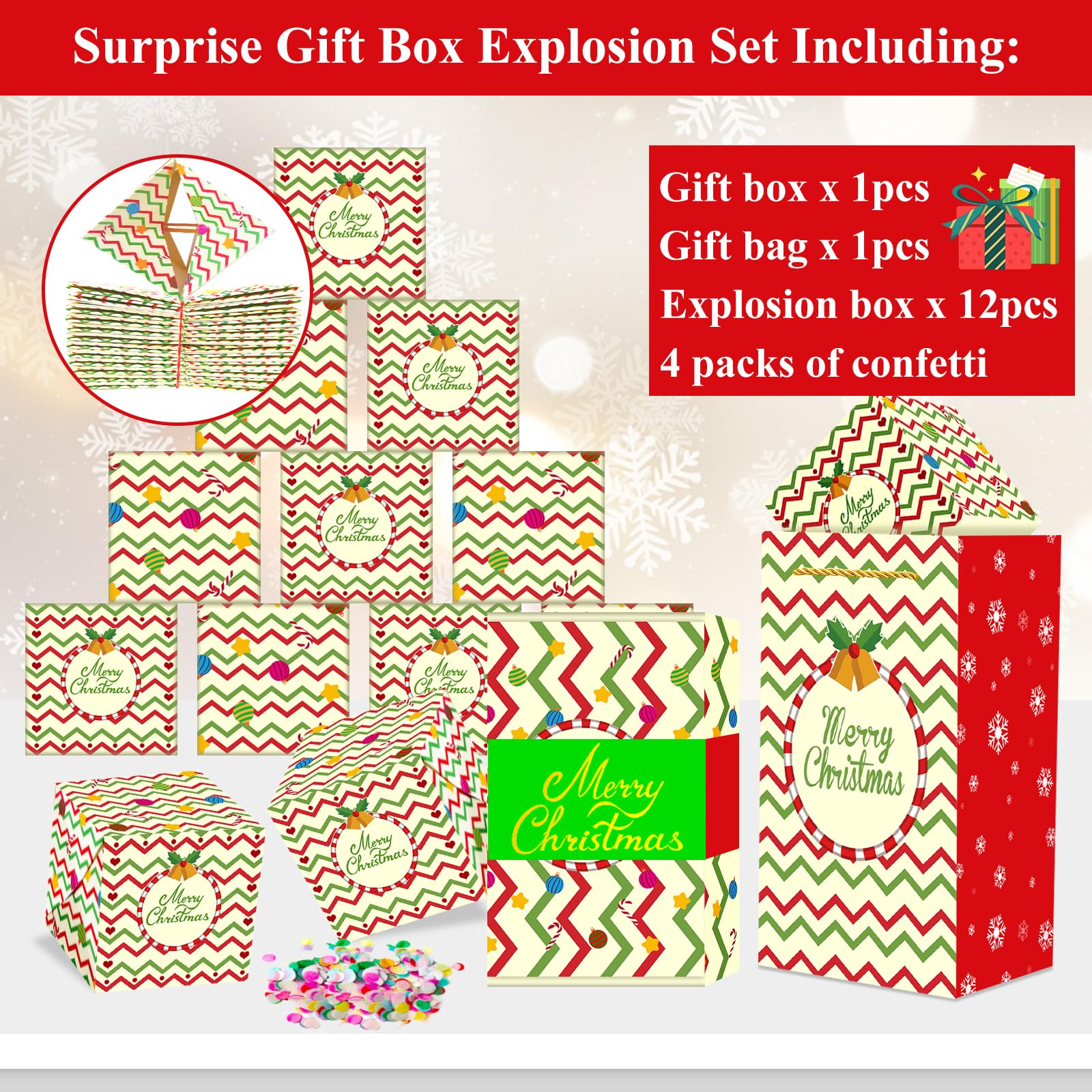 Christmas Surprise Money Gift Box with Confetti, Xmas Exploding Gift Box with 12 Folding Bounce Boxes, Confetti Explosion for Birthday, Party, Kids, Women, Men, Money Holder Box with Gift Bag
