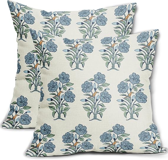 Blue Floral Pillow Covers 20x20 Set of 2 Rustic Light Blue
