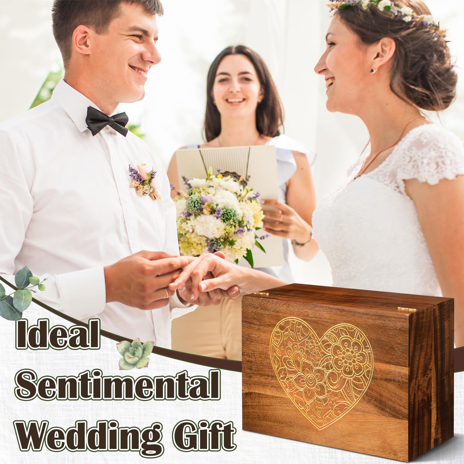 Threehoney Caja grande de madera para recuerdos de boda con tapas, 12 x 9 x 5.5 pulgadas, caja de almacenamiento de recuerdos de boda, regalos de compromiso para parejas, recién casados, despedidas de