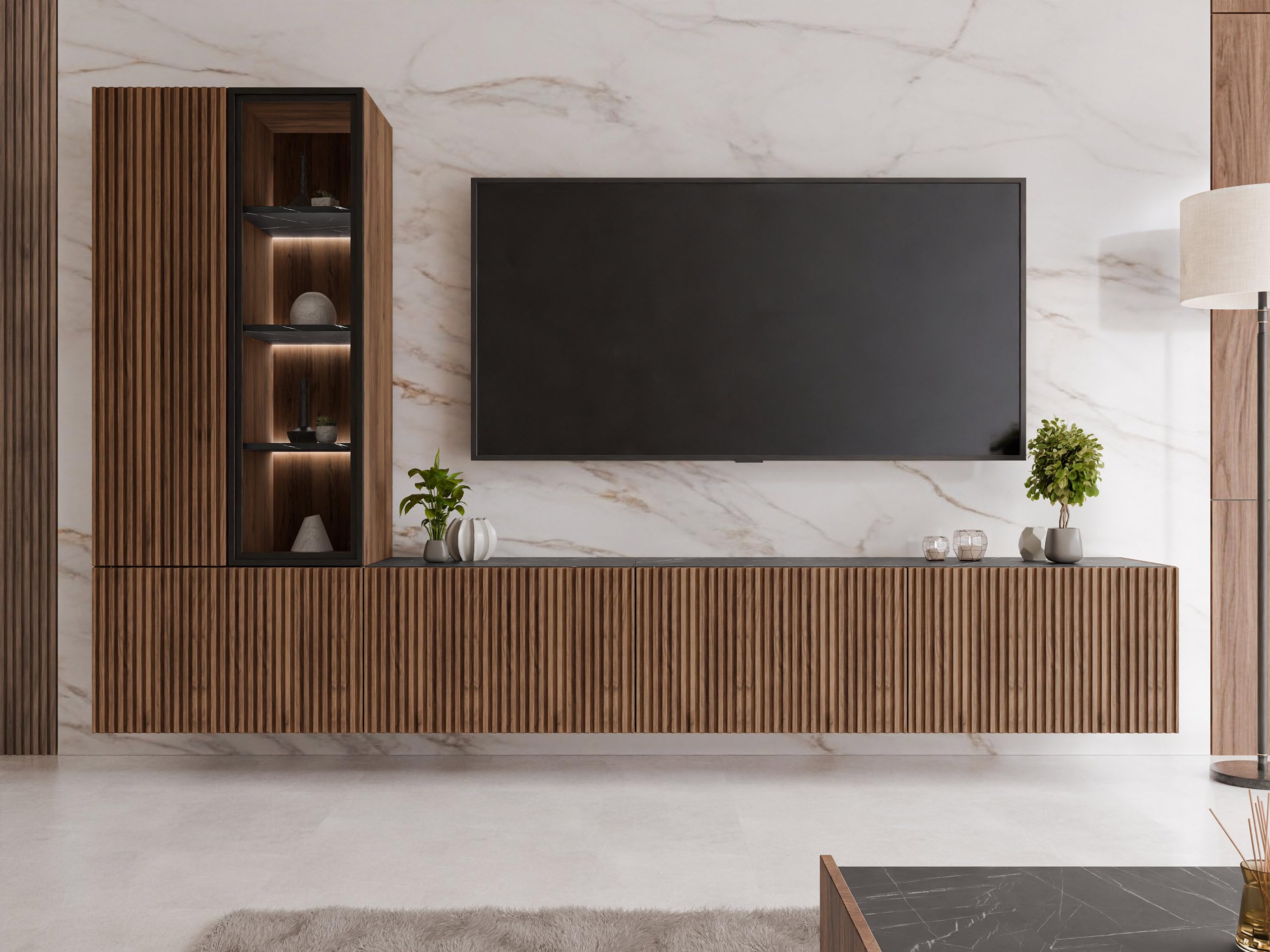 Mirjan24 Wohnwand Tiwori, Wohnmöbel, Elegantes Wohnzimmer-Set mit weißer LED-Beleuchtung, Griffloses Öffnungssystem, Wohnzimmer Kollektion, Stilvolle Anbauwand (Nuss Warmia + Marmor Schwarz)