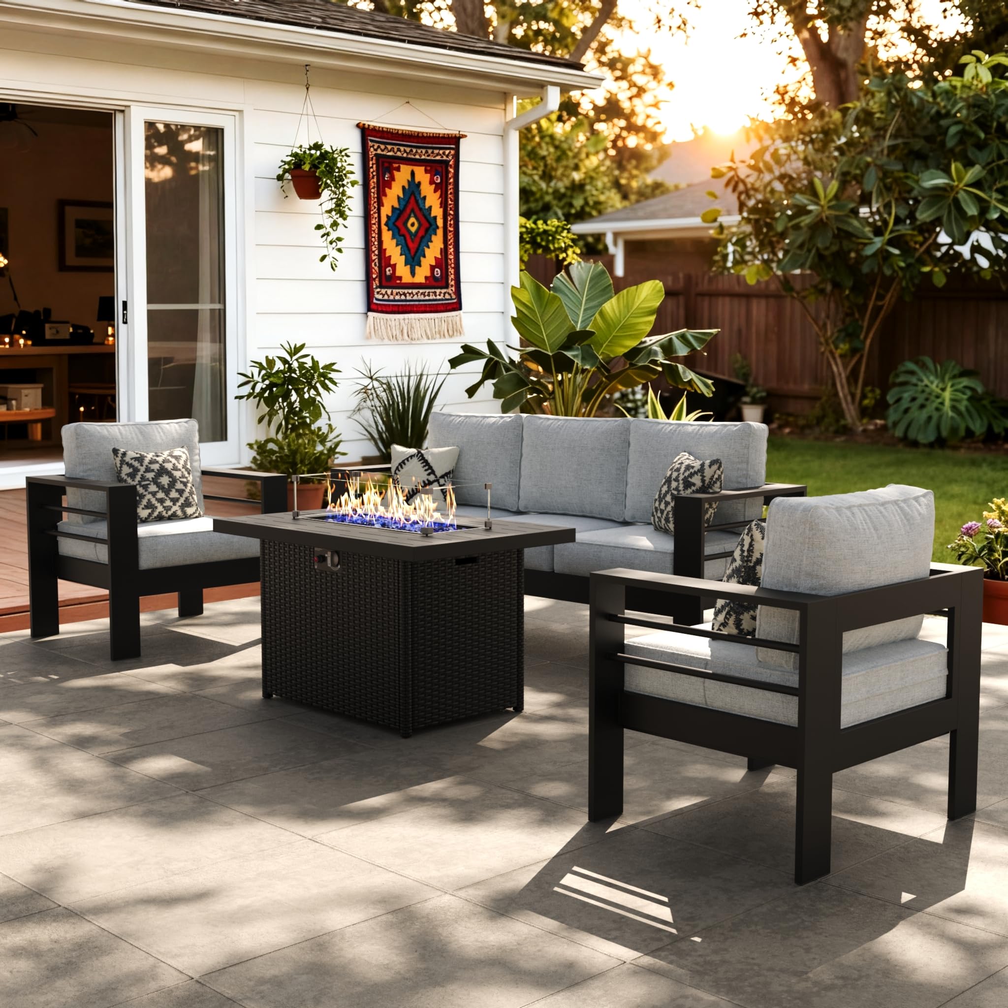 LayinSun Aluminum Furniture Set with Fire Pit Table, 4 Pieces Patio Sectional Conversation Chat Sofa Modern Seating Set