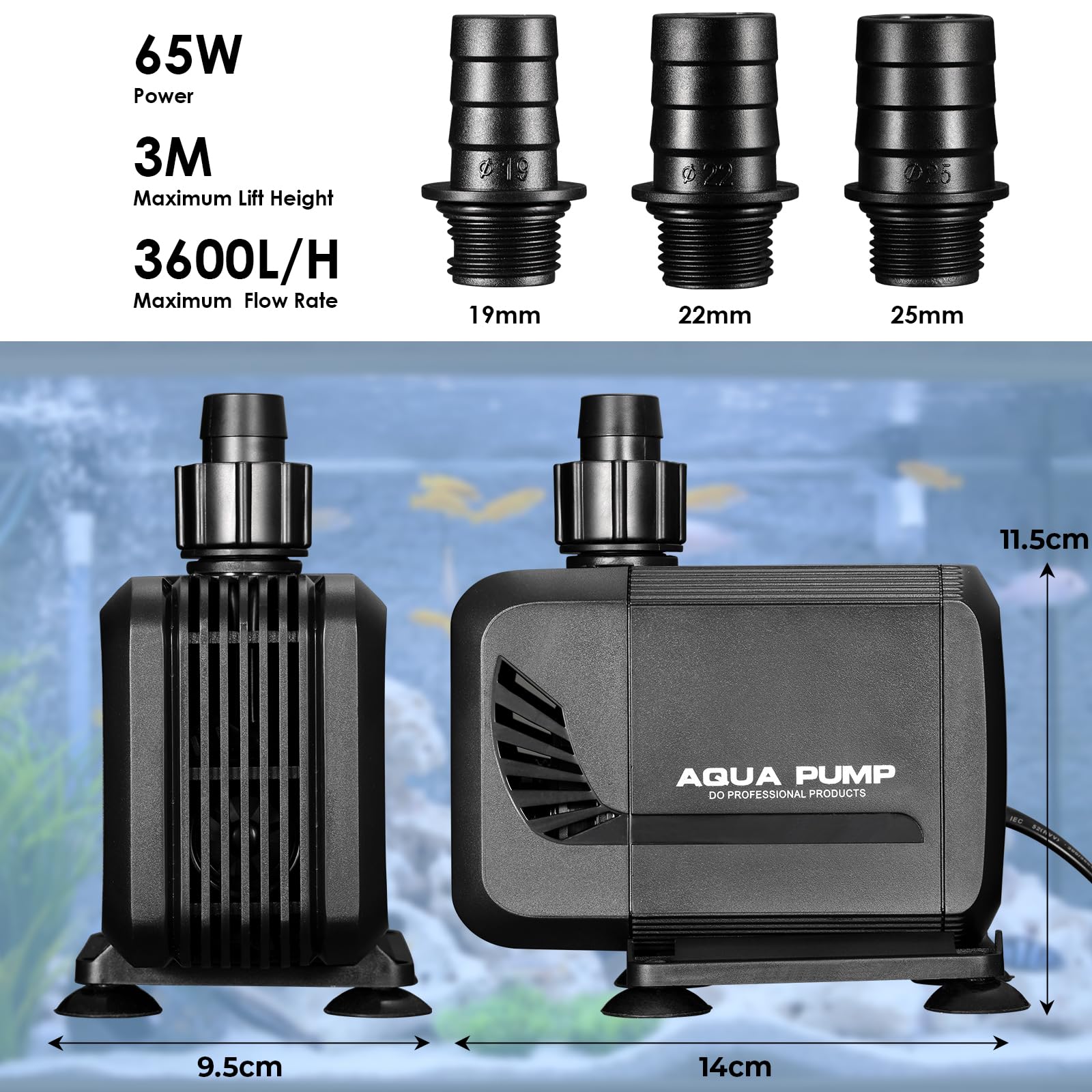 Pompa Sommersa 65W 3600L/H, Sommersa Silenziosa, Pompa per Laghetto,Massima di Sollevamento 3m, con Filtro e 6 Ugelli,3 Dimensioni:16/19/25mm, Ideale per Acquari e Laghetti,Fontane