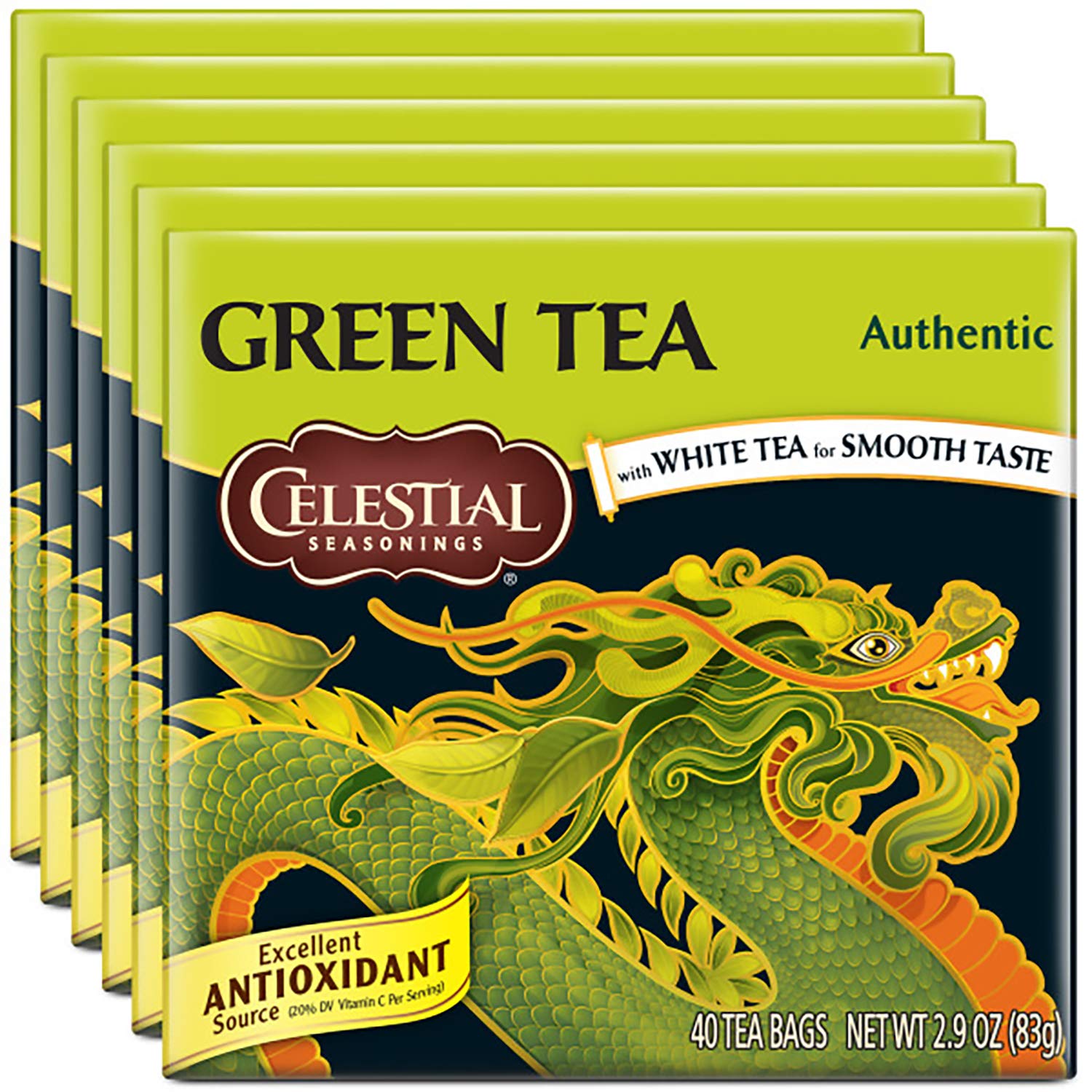 Celestial Seasonings Green Tea, Authentic, Contains Caffeine, 40 Count (Pack of 6) (Packaging May Vary)