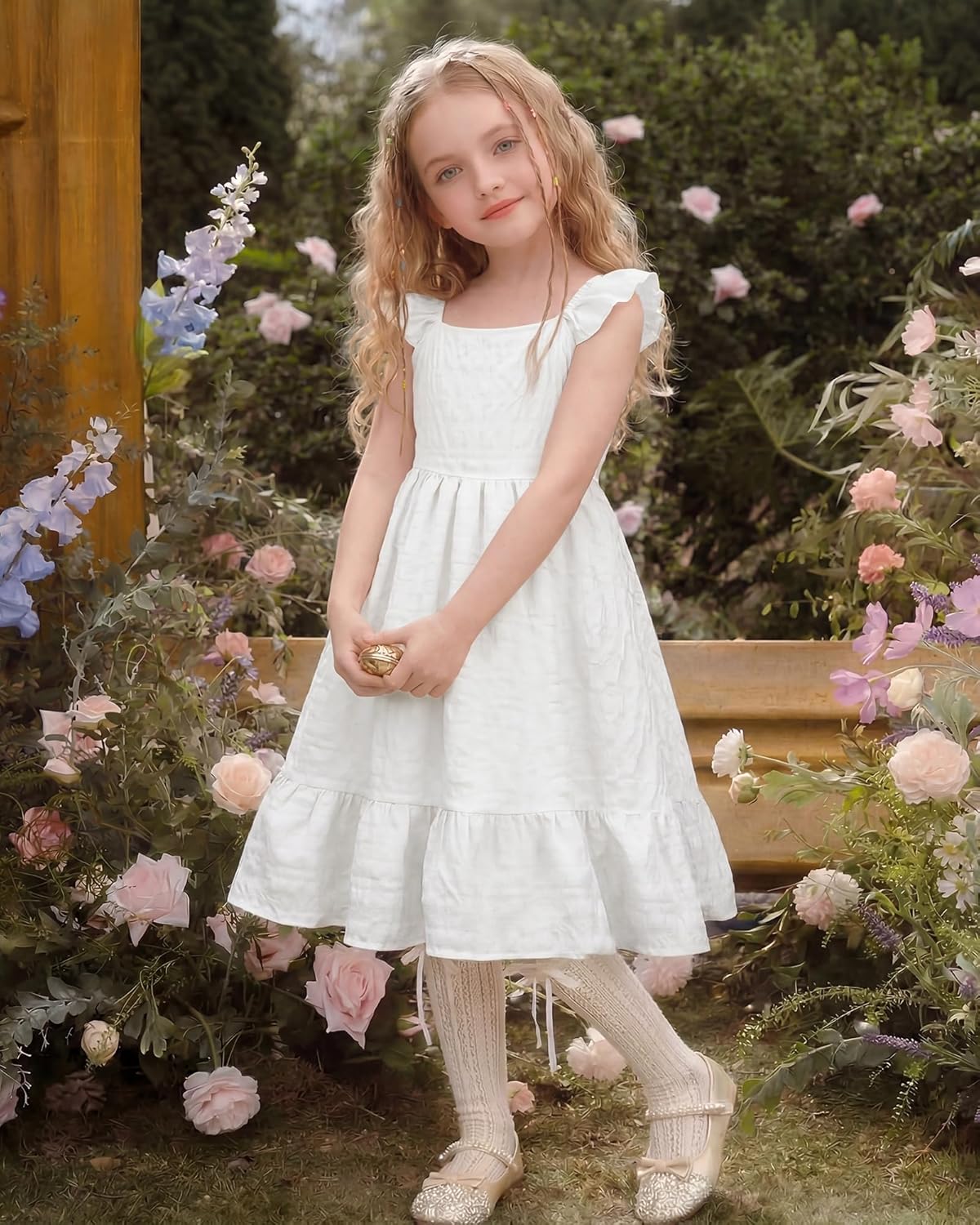 Stelle Girls Square Neck Ruffle Sleeve Tie Back Smocked Midi Dress Summer Solid Color Casual Dresses for Girls 4-15Y