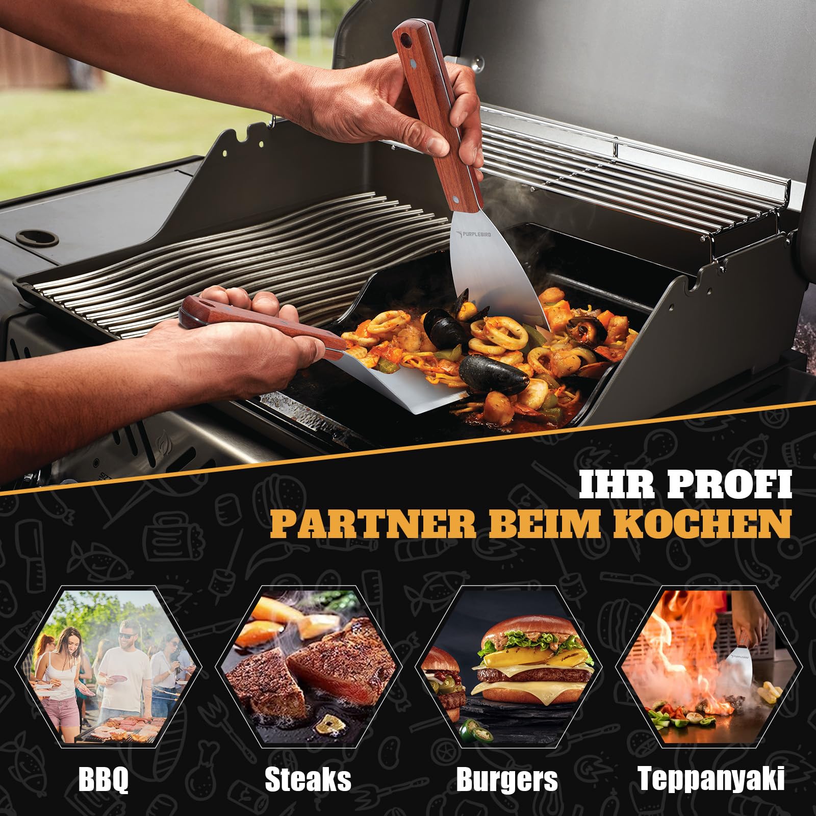 PURPLEBIRD Juego de Espátulas para Parrilla de Acero Inoxidable, Juego de Espátulas para Plancha con Espátula Grande para Parrilla para Aplastar Hamburguesas, Regalos para Parrilla para Hombres