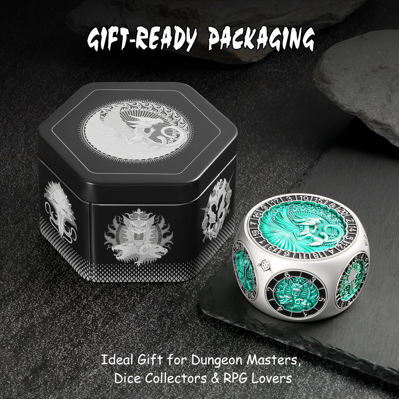 DNDND Dés hexagonaux en métal 8 en 1 avec double D20 sur le thème des monstres pour DND Donjons et Dragons, maîtres de donjons avec boîte cadeau à collectionner (argenté et vert)
