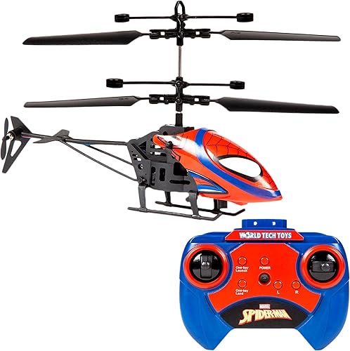 World Tech Toys Marvel Spider-Man Helicóptero RC – Helicóptero de Control Remoto Fácil de Volar con Luces LED, Cuerpo Duradero, Rotores Coaxiales y