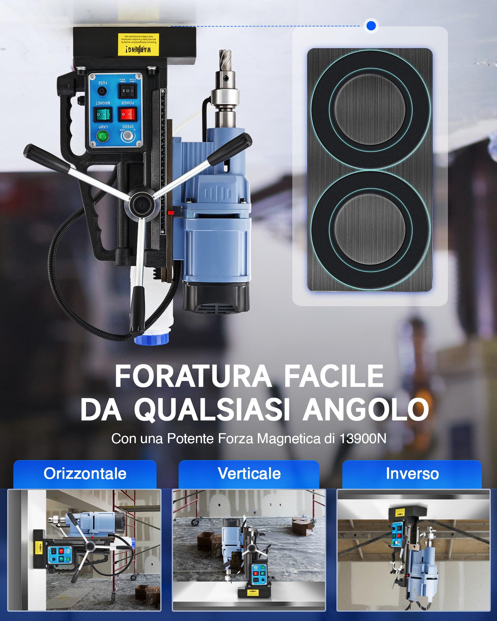 ZELCAN 1950W Trapano Magnetico con 11 Punte 13900N 650 rpm Trapano a Colonna Magnetico a Diametro di 50mm con Controllo Reversibile e Continuo per Superfici Metalliche